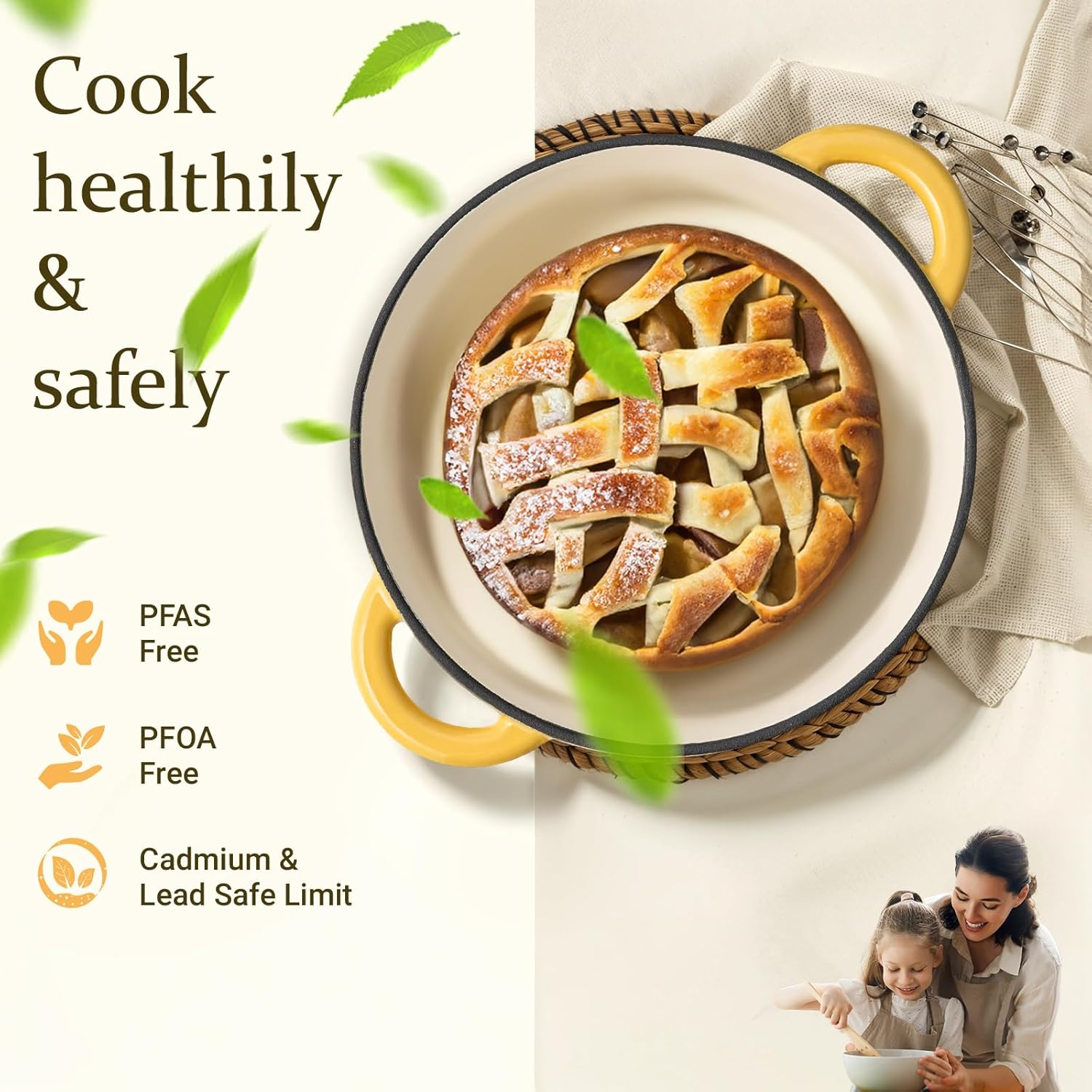 Overmont Enameled Cast Iron Dutch Oven - 5.5QT Pot with Lid Cookbook & Cotton Potholders - Heavy-Duty Cookware for Braising, Stews, Roasting, Bread Baking Goose Yellow - Image 2