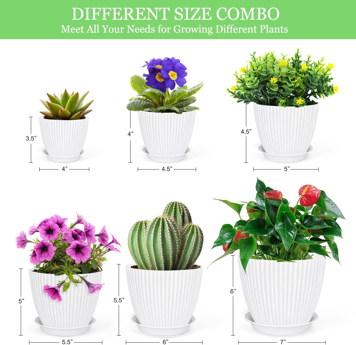 Plastic Plant Pots, 7/6/5.5/5/4.5/4 Inch Plastic Planters Flower Pots with Trays, Planters for Indoor Plants, All House Plants, Flowers with Trowel, Transplanter, Hand Rake and 10 Plant T-Type Tags : Patio, Lawn & Garden