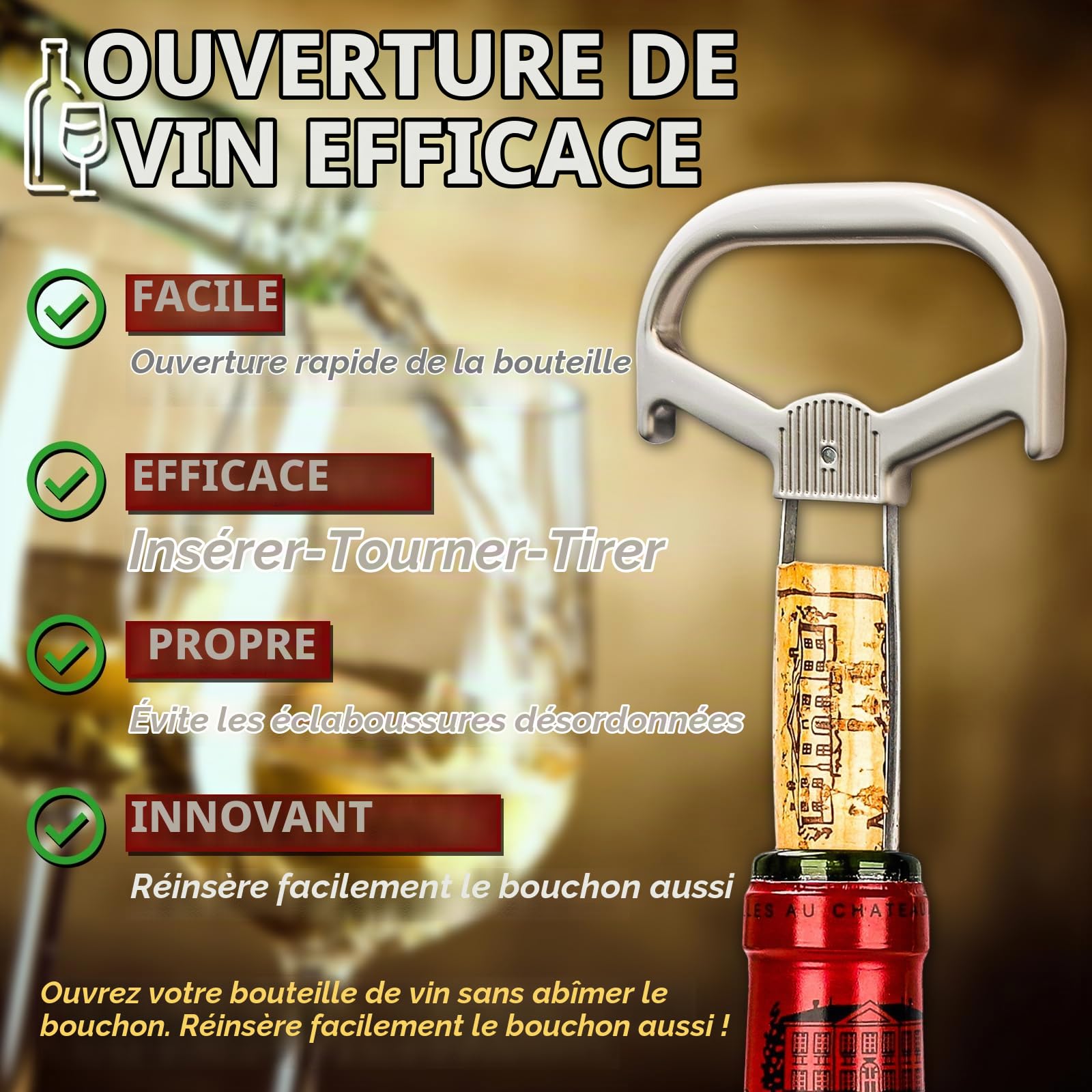 Ah So Ouvre-Bouteille pour Bouteilles Vintage, Tire-Bouchon de Vin Vieux avec Étui en Cuir Portable, Décapsuleur pour Connaisseurs de Vin à Déboucher, Cadeaux pour Amateurs de Vin (01)