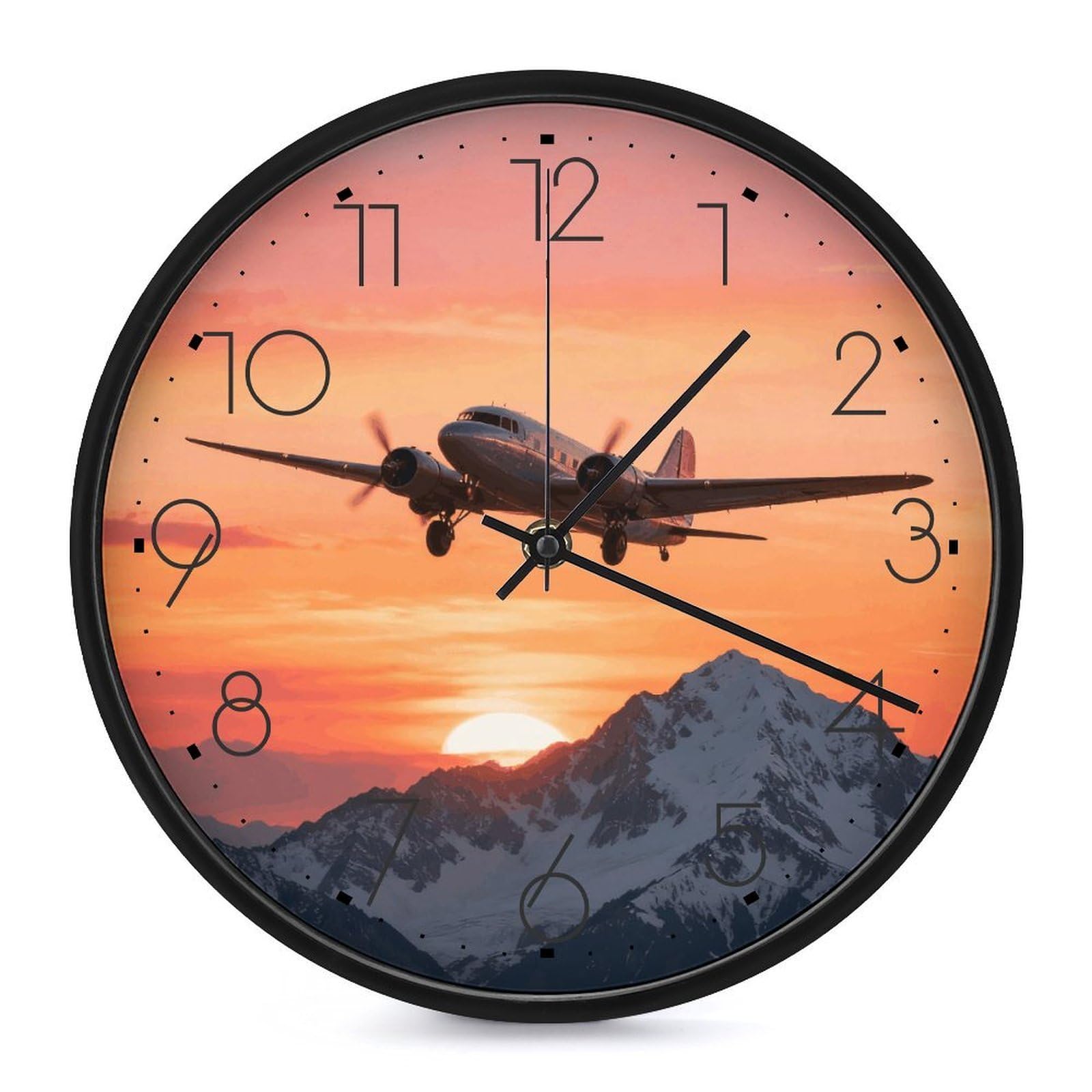 DWVTSLH Airplane at Sunset Wall Clock 10 Inch Silent Non-Ticking Modern Clocks Battery Operated - Decorative Wall Clocks for Bedroom Living Room Kitchen Office Wall Decor Gift Idea