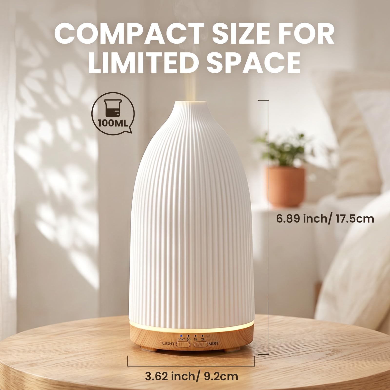 AESHORY Diffusore di Oli Essenziali, 100ml Ultrasuoni Umidificatore Ambiente per Aromaterapia Yoga, Diffusore di Aromi con Luce Notturna LED Giallo Caldo, Spegnimento automatico, Regali per Casa Nuova