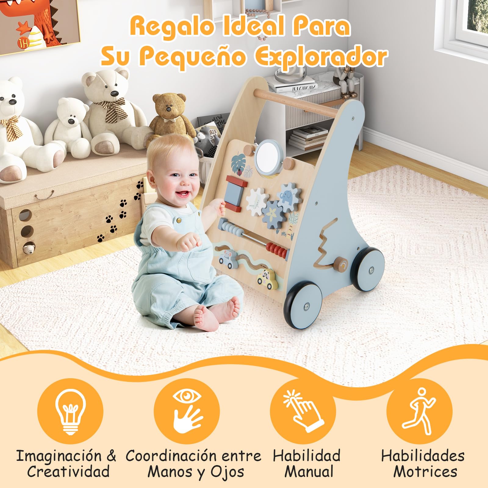 COSTWAY Andador Bebés de Madera, Andador de Aprendizaje para Empujar de Actividades Múltiples, Juguetes de Actividad con Almacenamiento, Juguete para Caminar para Niños