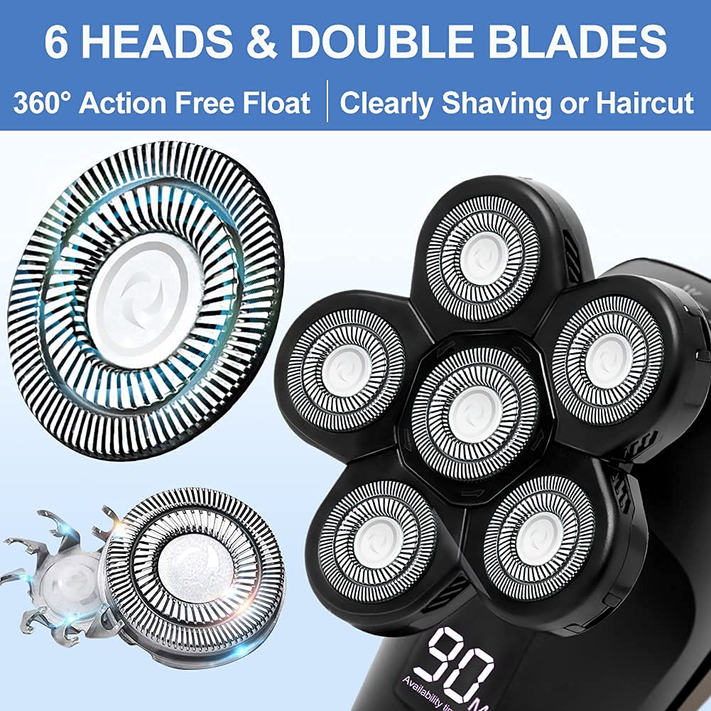 SURKER Rasoio elettrico rotante 6 in 1 da uomo con testa calva, kit di toelettatura elettrico multifunzionale, ricaricabile tramite USB, tagliacapelli impermeabile e senza fili, schermo LED