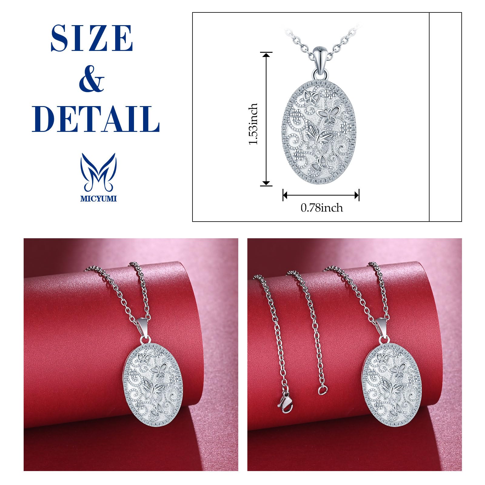 Damen Foto Medaillon Halskette 925 Sterling Silber Kette Elliptische Schmetterlinge Muster Anhänger