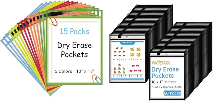 Ndsox 15 Packs 5 Colors Dry Erase Pockets Bundle | 50 Packs Black Dry Erase Pockets
