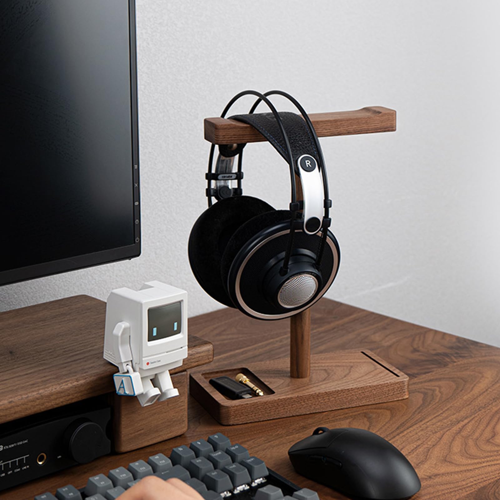 Supporto per cuffie in legno di noce, supporto da scrivania in legno di | noce nero, gancio audio rustico, supporto universale per cuffie, organizer per accessori musicali, antiscivolo stabile