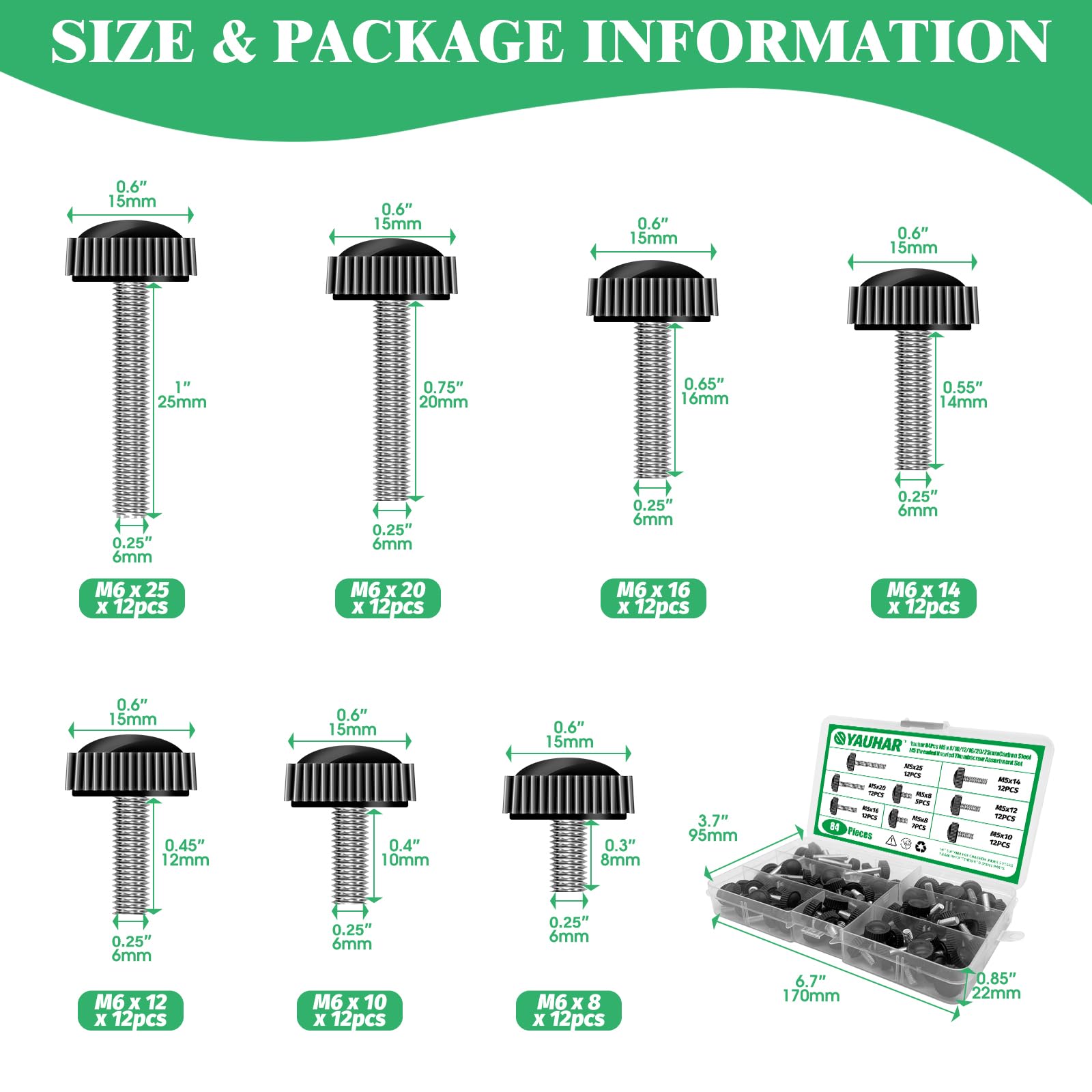 Yauhar 84Pcs 7 Size Carbon Steel M6 Threaded Knurled Thumbscrew Assortment Set - Image 2