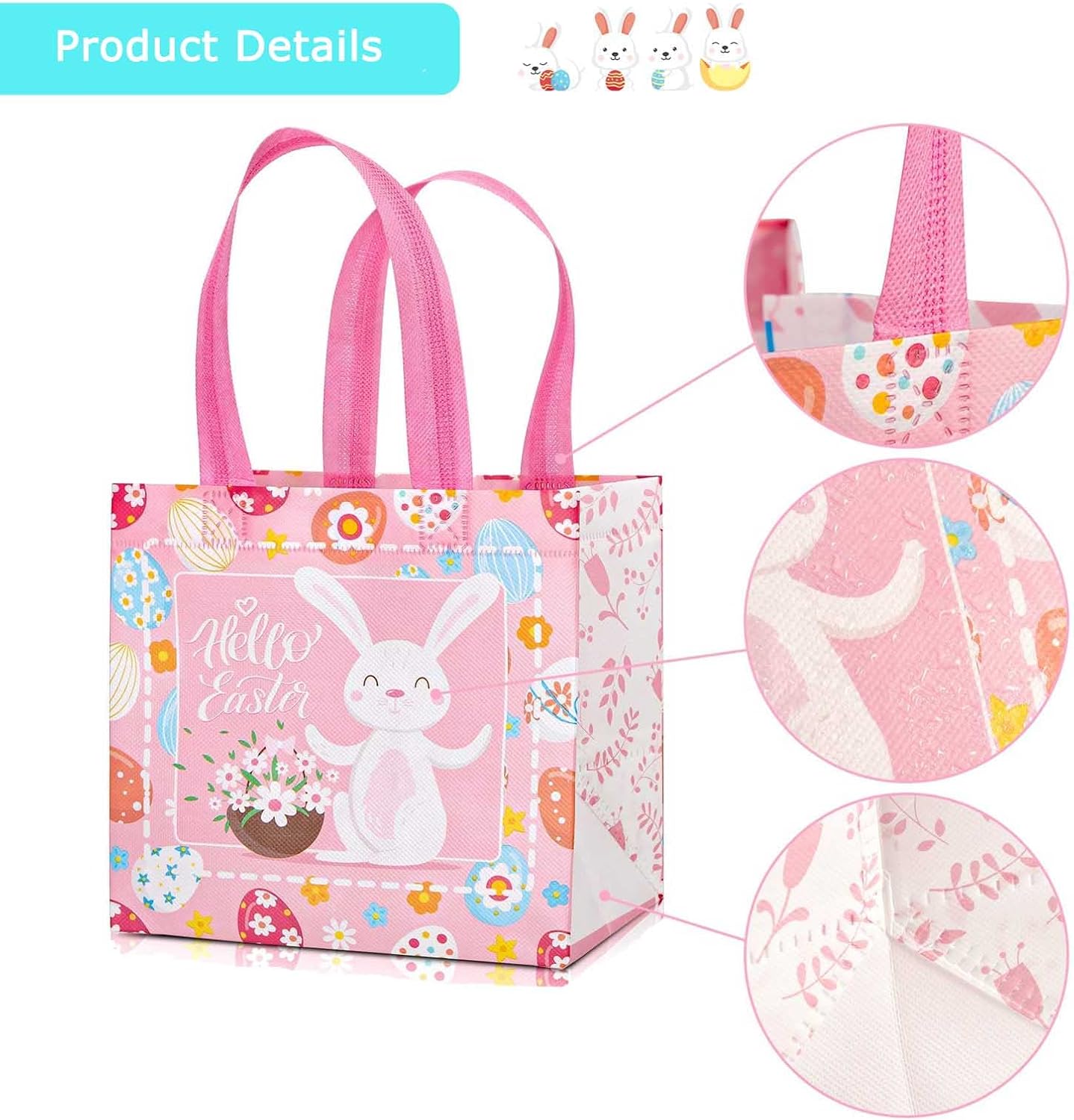 4 Pack Easter Tote Bags with Handles,Large Easter Gift Bags Reusable Bunny Egg Hunt Party Treat Bag Waterproof Grocery Shopping Goodie Bag for Holiday Favors Non-Woven Bag for Kids - Image 4