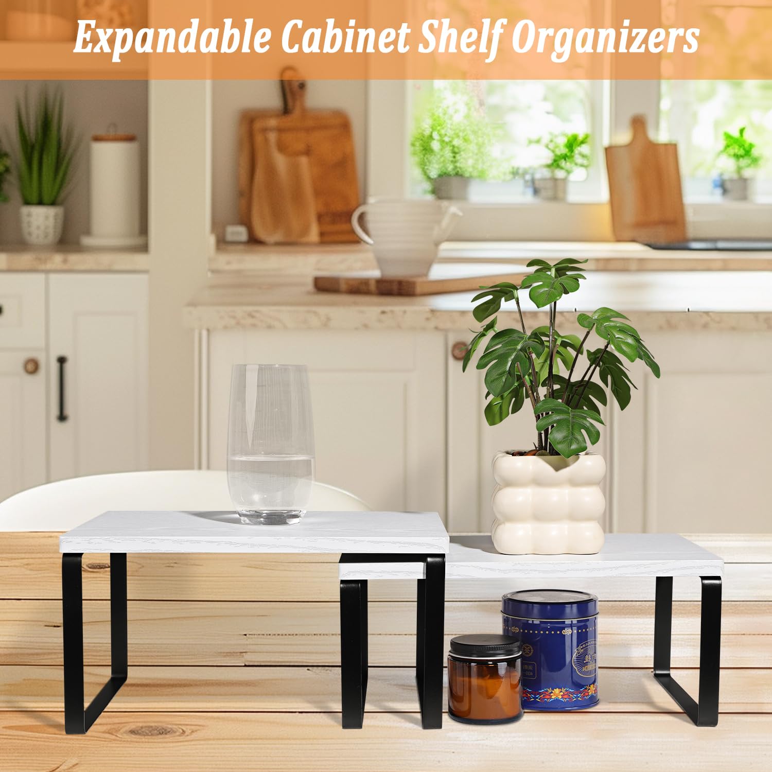 Lot de 2 étagères extensibles empilables pour comptoir de cuisine, étagère à épices en métal et bois, encre noire et blanc neige