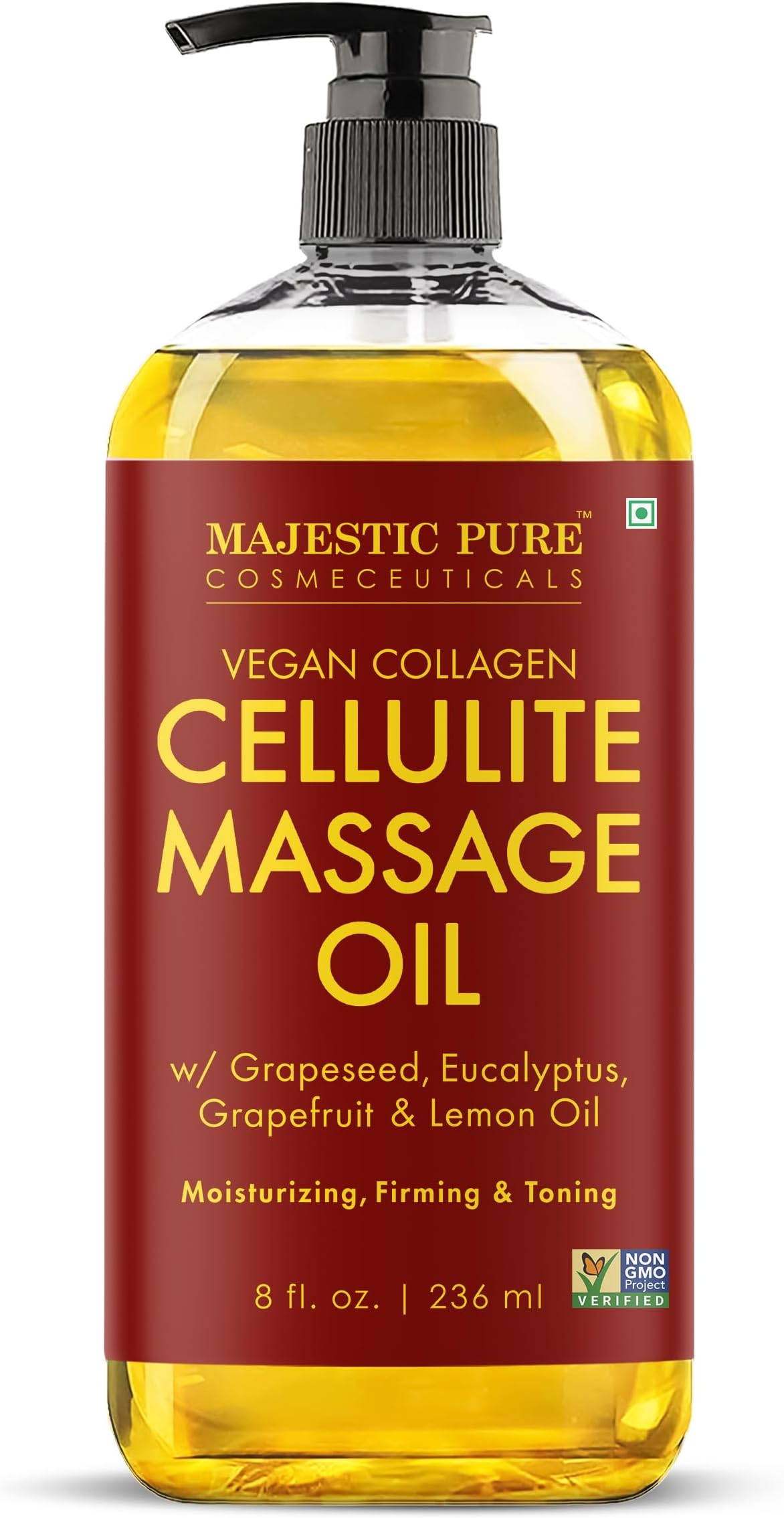 MAJESTIC PURE Cellulite Massage Oil - with Vegan Collagen & Stem Cells, Unique Blend of Massage Essential Oils - Anti Cellulite Oil Improves Skin Tightening and Firming, 8 fl oz