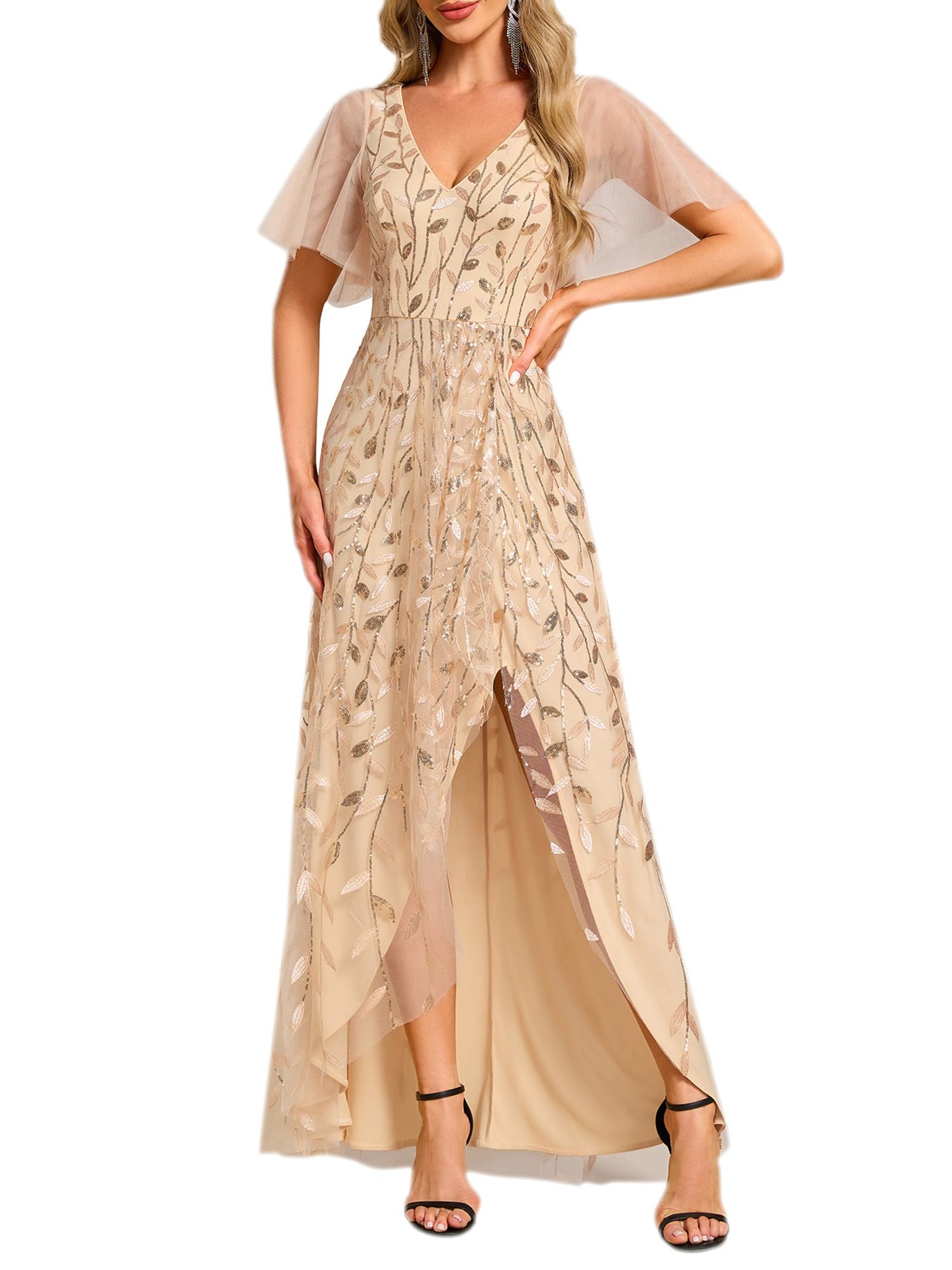 Ever-Pretty Women's Shimmery Formal Dress V Neck Sequins A-Line Side Slit Elegant Long Evening Dresses 02083