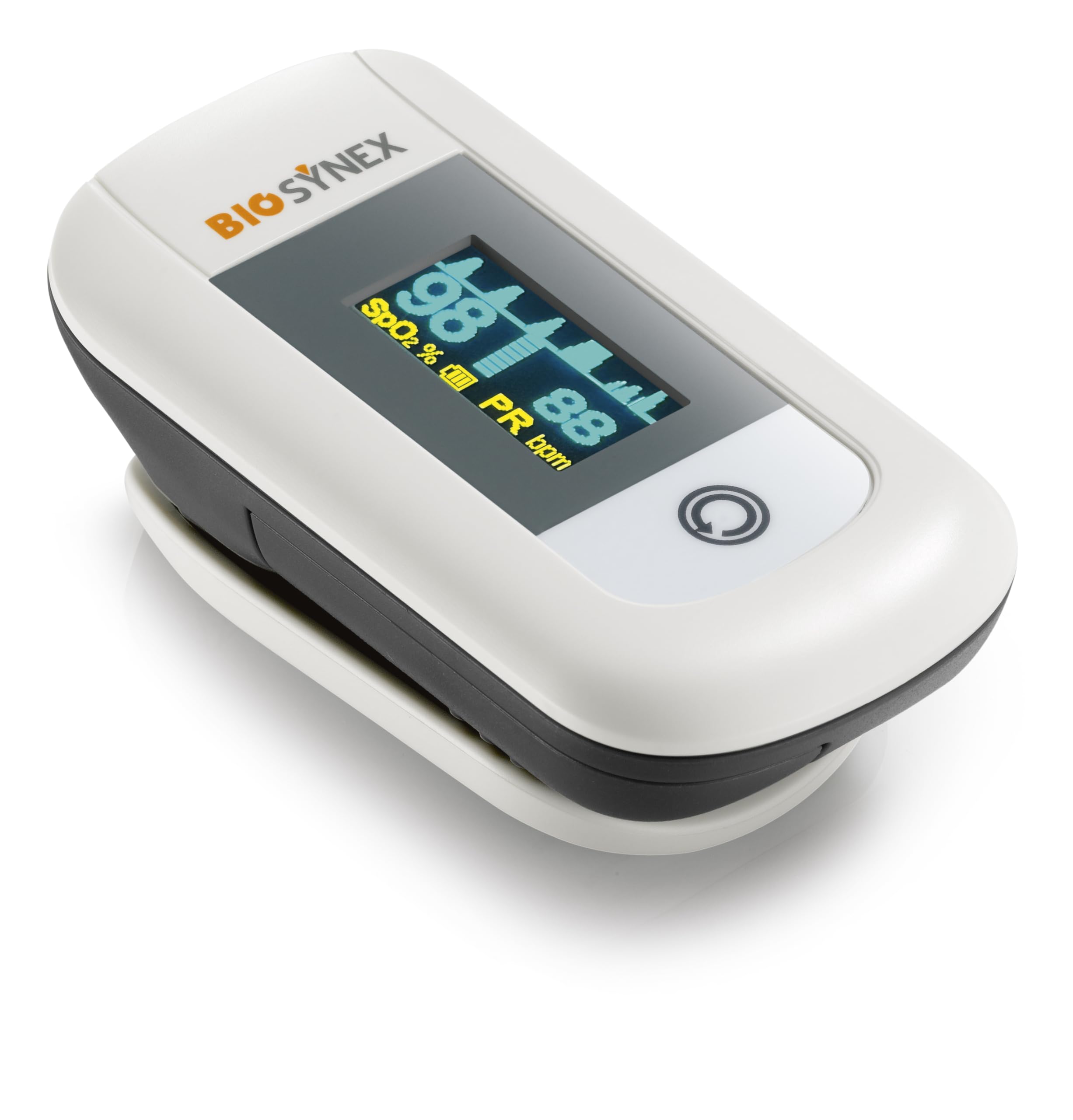 BIOSYNEX - Oxymètre de Doigt avec Mesure du Pouls - Mesure l'Oxygénation du Sang - Evaluation des Fonctions Respiratoires - Pathologies Respiratoires - Athlètes - Altitude - 12 Ans et +