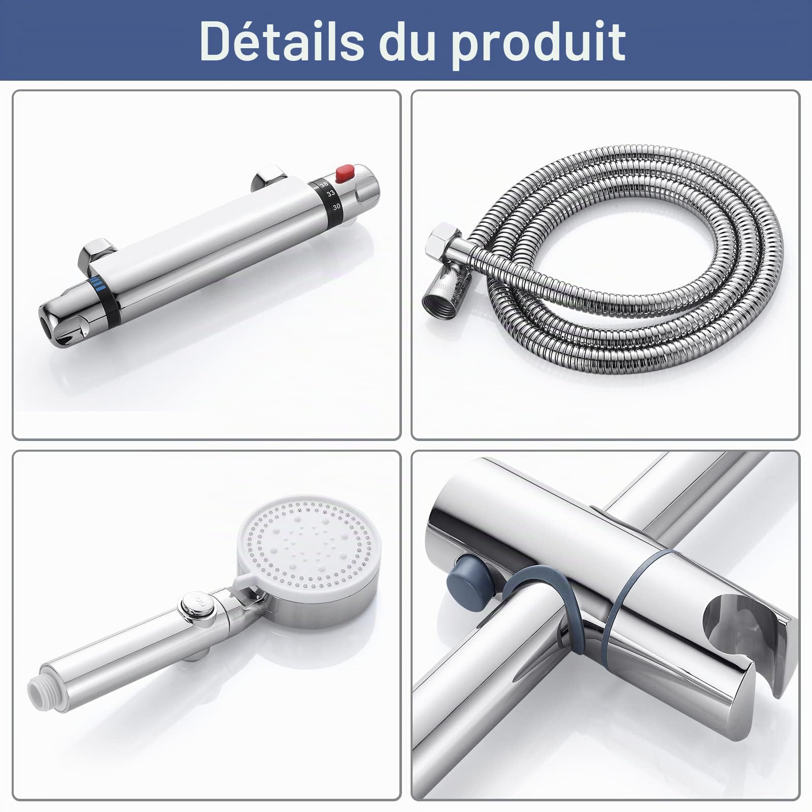 Ensemble de Douche avec Mitigeur Thermostatique avec Barre 635mm en Laiton | Système de Douche Thermostatique avec Mitigeur,Réglable Barre,Douchette à Main 5 Jets, Flexible Tuyau 1.5M, G 1/2", Chromé