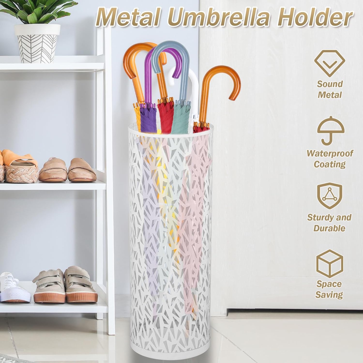 Metal Umbrella Stand, 15x15x42cm, Freestanding, Round, Anti-Slip, Rustproof, Indoor Umbrella Holder for Home, Entryway, Office, Hotel - White
