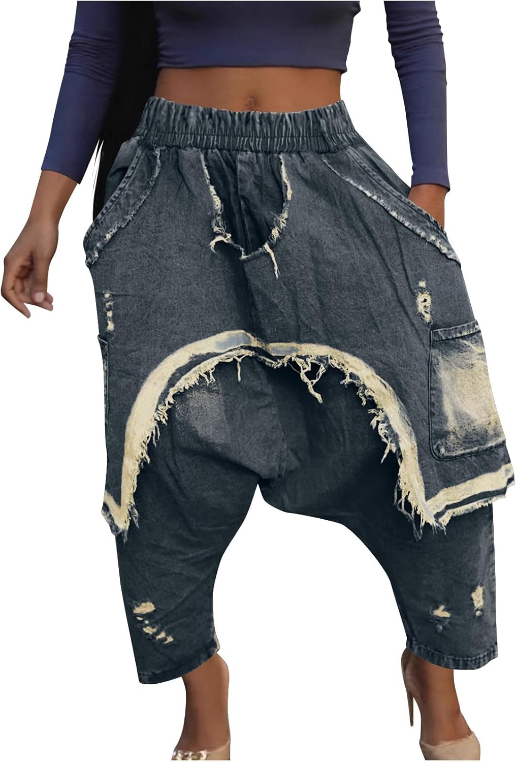 Women's Denim Harem Pants Patchwork Ripped Jeans Elastic Waist Loose Stretchy Trendy Barrel Jeans with Pockets