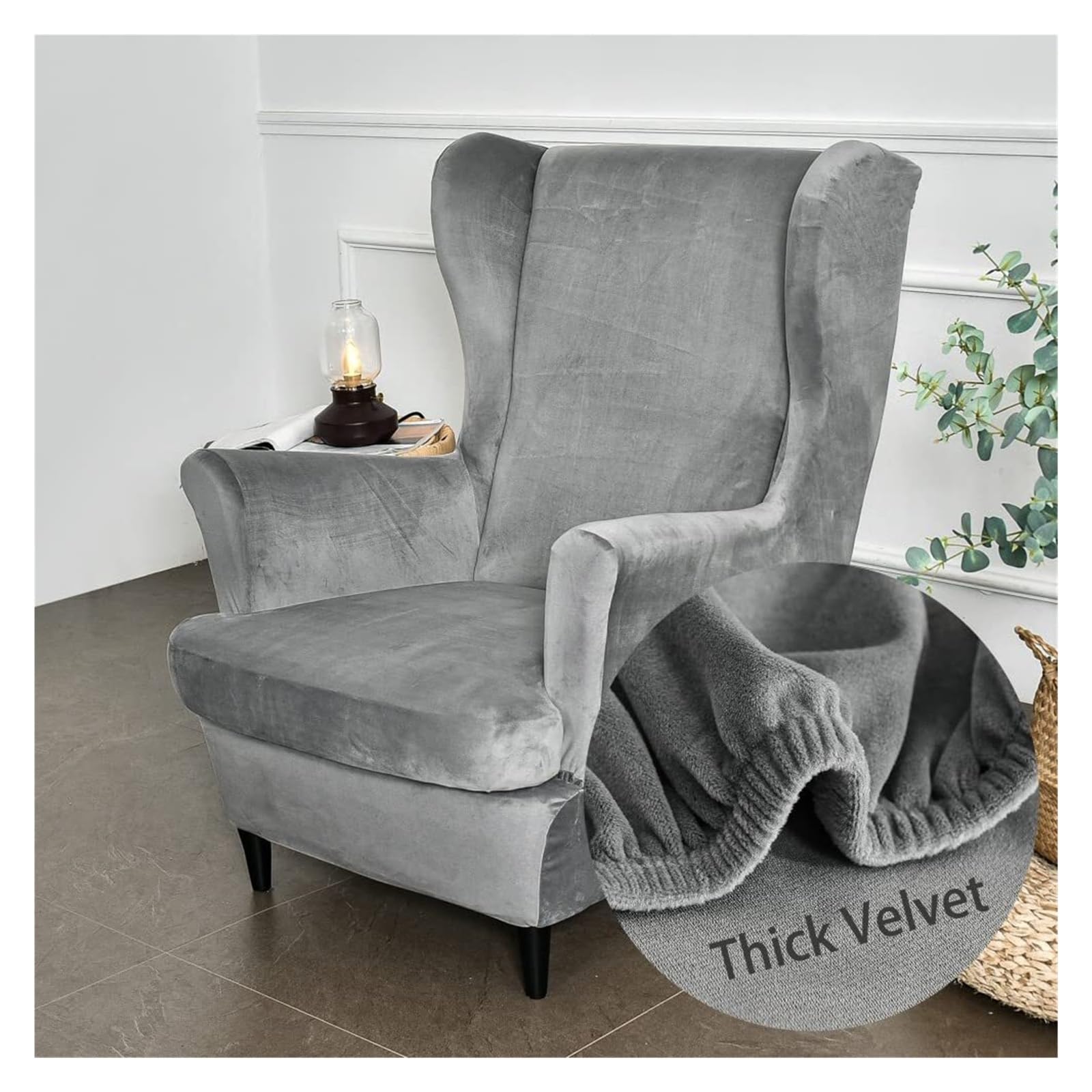 WJHDWYD 2-Piece Stretch Velvet Wingback Chair Cover Armchair Cover with T-Cushion Cover, Solid Color Fashion Non-Slip Armchair Cover for Strandmon,Bedroom(Gris)