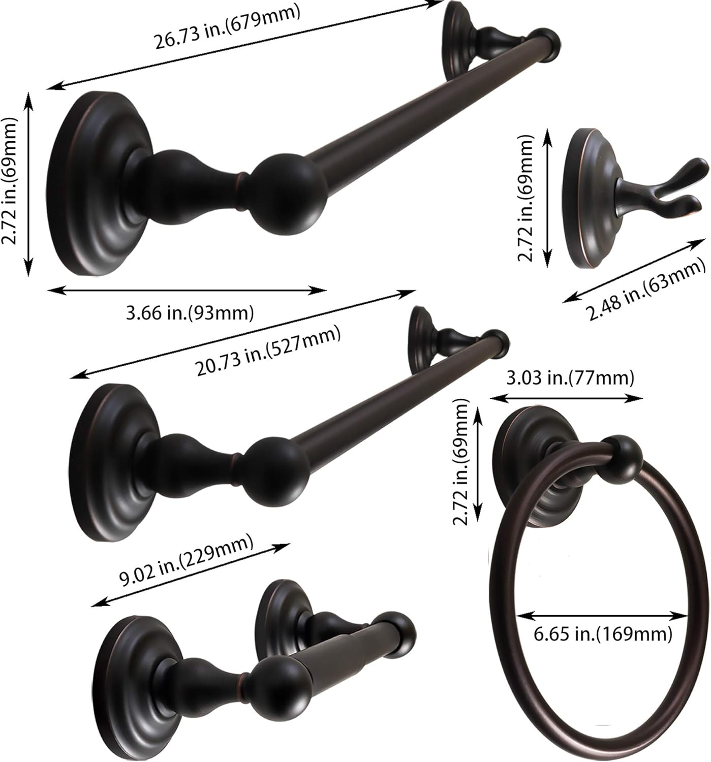 SENTO ROBIKI Bathroom Accessories Set, Bath Hardware, Includes Robe Hook, Toilet Paper Holder, Towel Ring, 18” & 24” Towel Bar, Duty Metal Bath Hardware Set Wall Mounted (5-Piece, Oil-Rubbed Bronze)