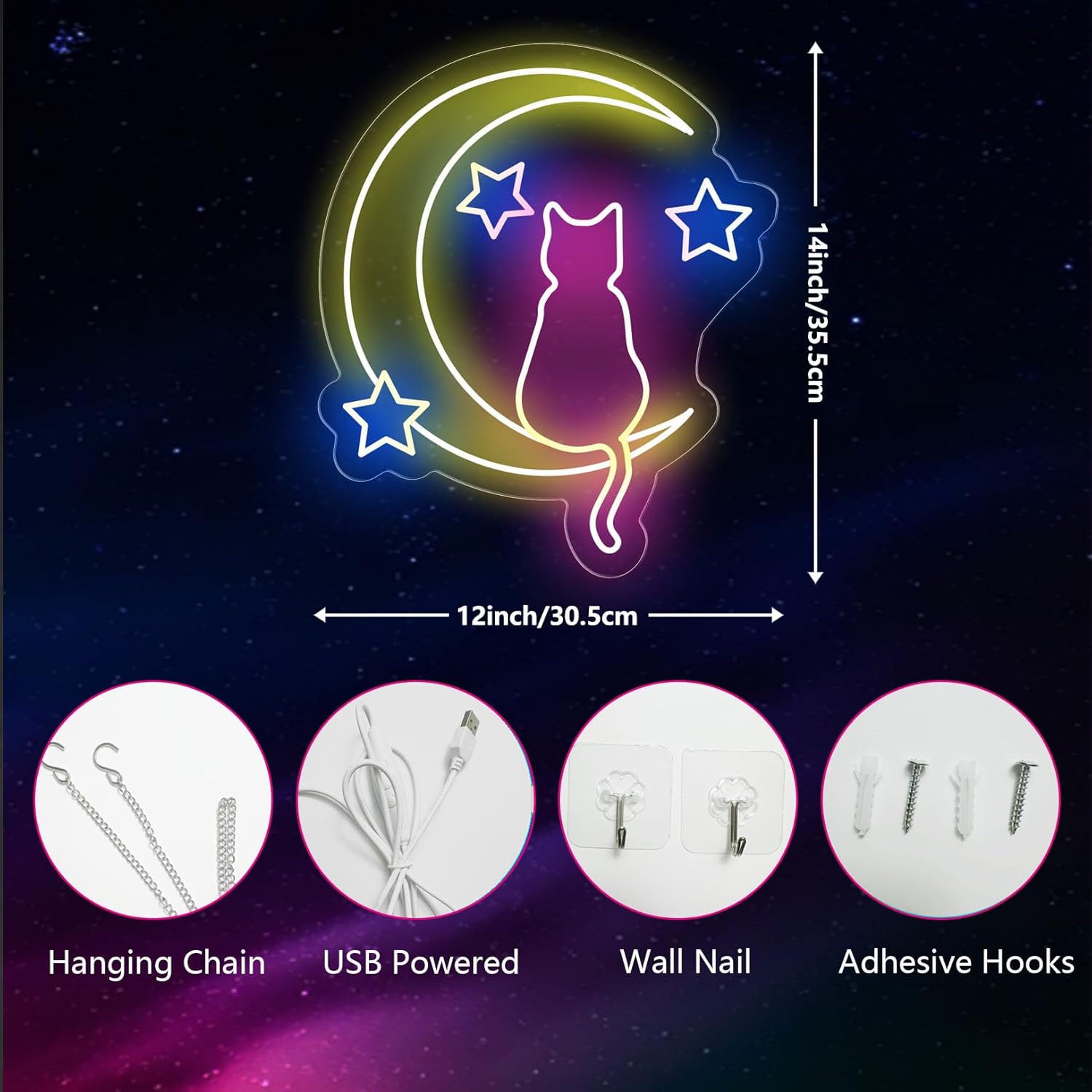 Moon Cat Neon Sign for Wall Decor USB Powered Led Cute Cat Moon Neon Light for Kids Bedroom Wall Decor Led Wall Art for Pet Shop Birthday Party Gift for Kids(14inch*12inch) - Image 5