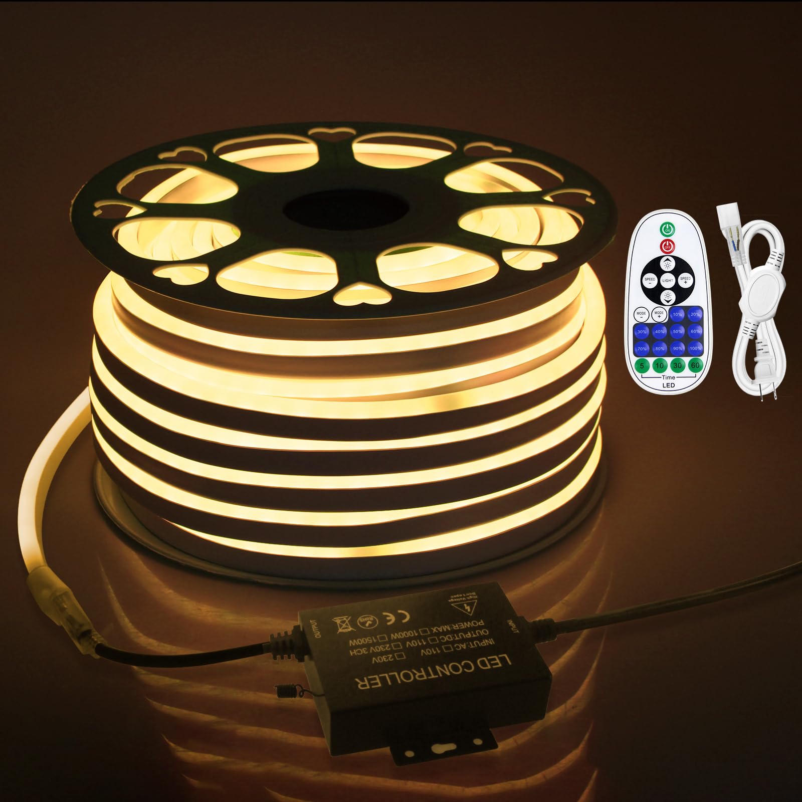 150ft LED Neon Strip Lights for Outdoor Waterproof Neon Rope Light AC 110V~130V Warm White Neon LED Flexible String Light with Dimmable Controller for Outside Bedroom Garden Building Yard