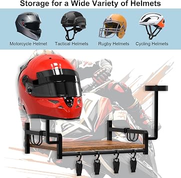 Helmet Rack Wall Mount, Motorcycle Helmet Holder, Plate Rack Display Organizer for Motorcycle Accessories, Gear Storage Rack with 4 Glove Clips, Wood & Metal Stand with 4 Side Hooks, Brown