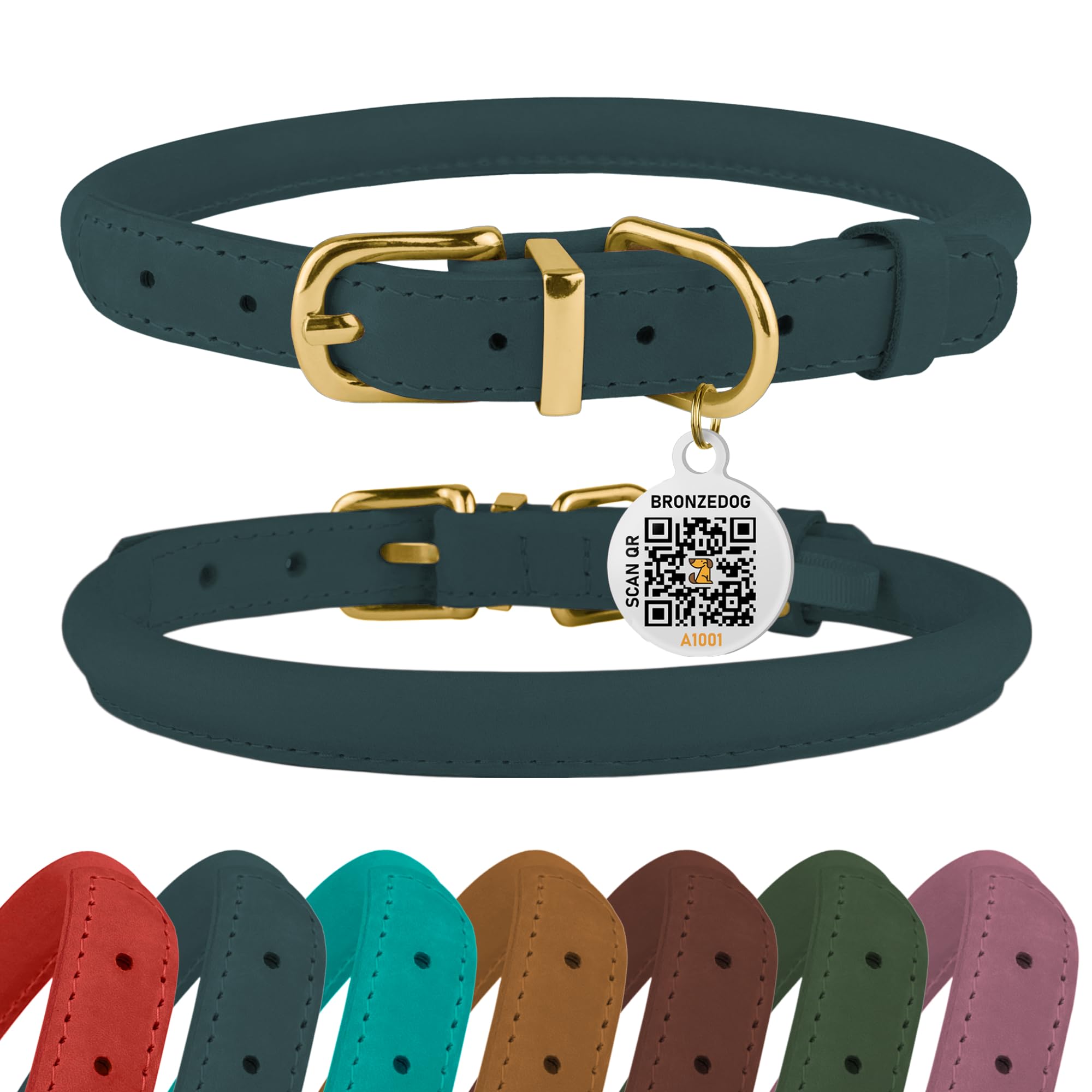 BRONZEDOG Rolled Leather Dog Collar with QR ID Tag Adjustable Soft Round Collars for Small Medium Large Dogs Puppy Cat (Denim