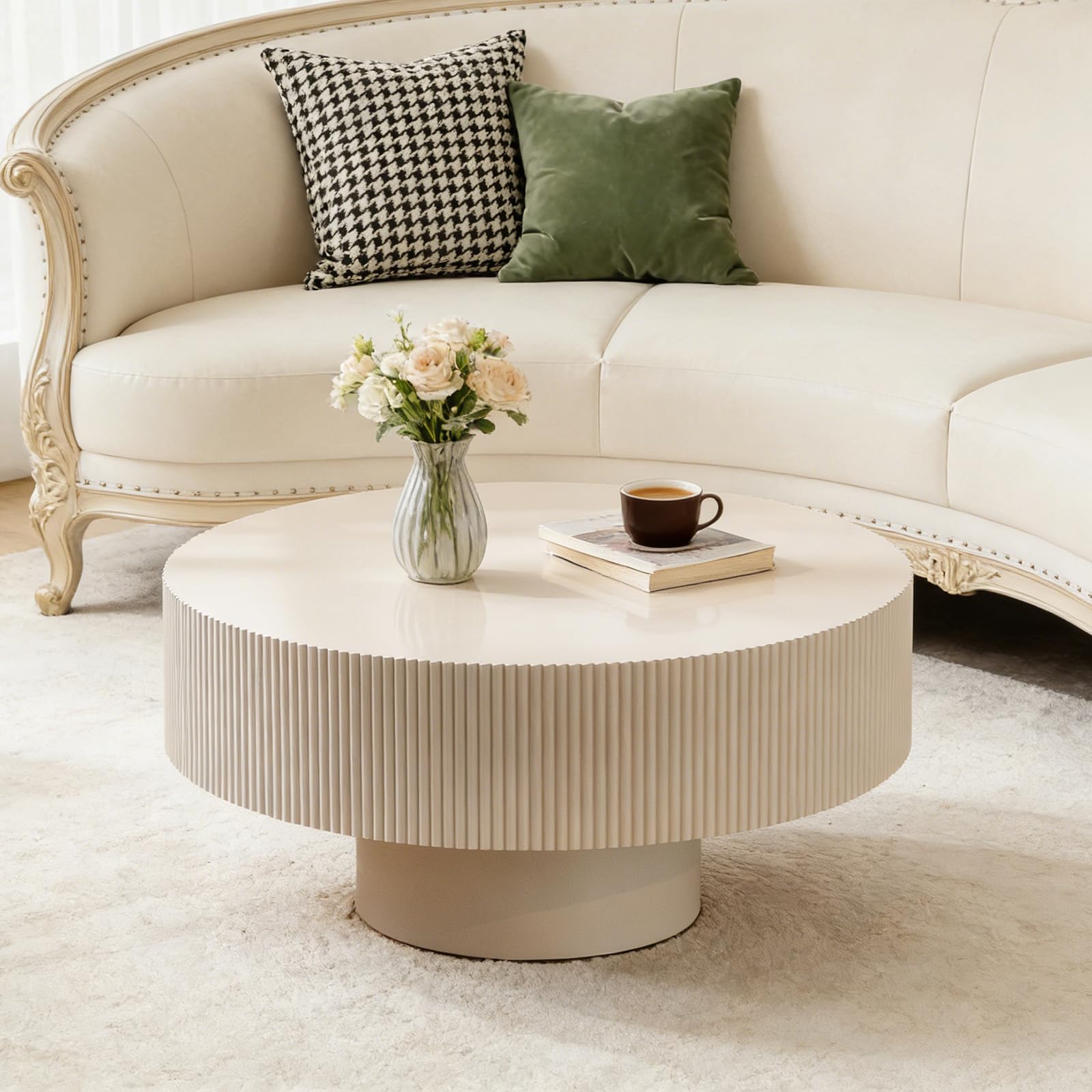 Round Drum Coffee Table with Sturdy Pedestal, Modern Wooden Fluted Coffee Table, Circle Center Table Accent Tea Table for Living Room Apartment Office
