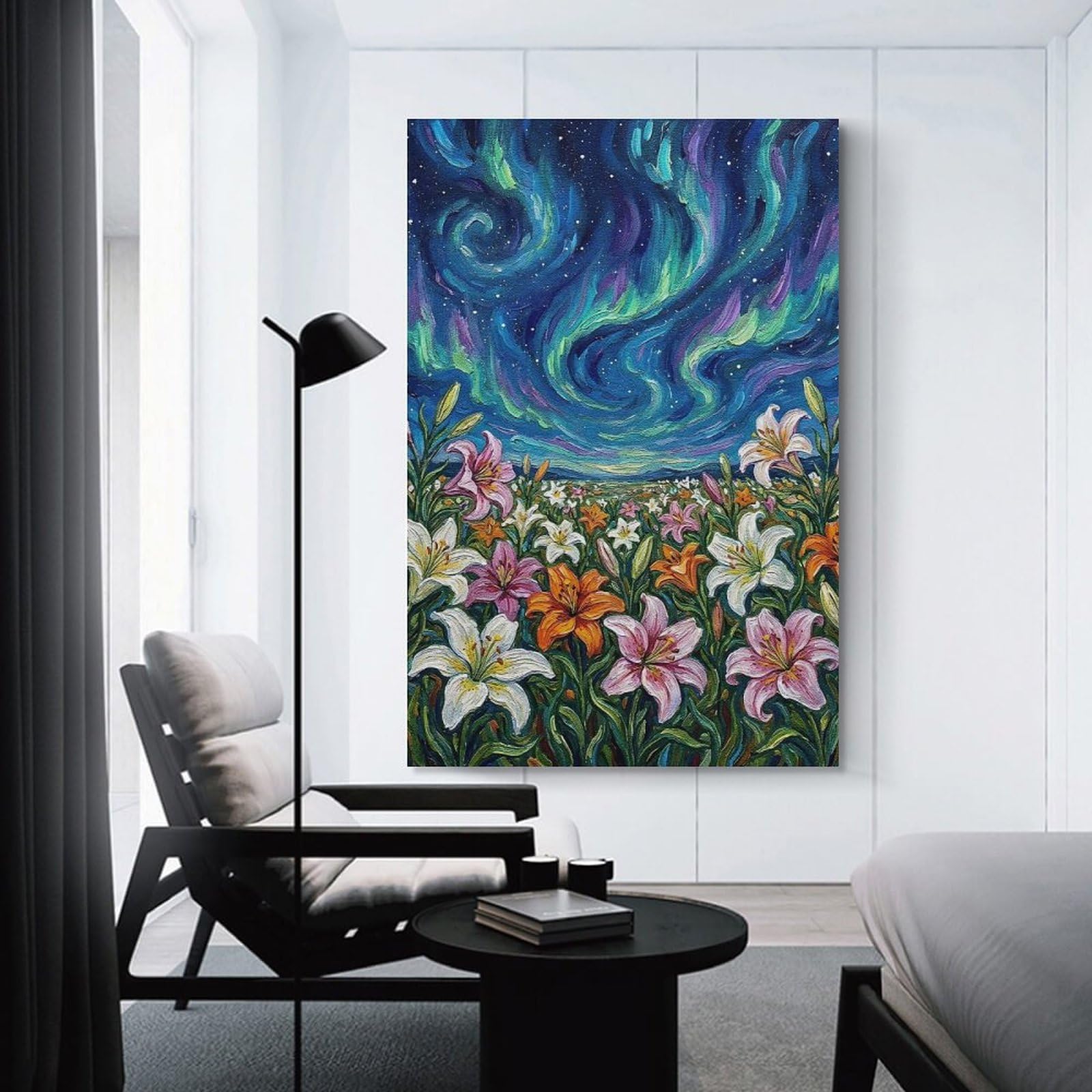 Junmoney Lily Field Under Aurora Borealis Painting Decorative Canvas Print 24x36inch(60x90cm), for Apartment Walls, Studios Or Work Areas, Home Artwork for Modern Interiors