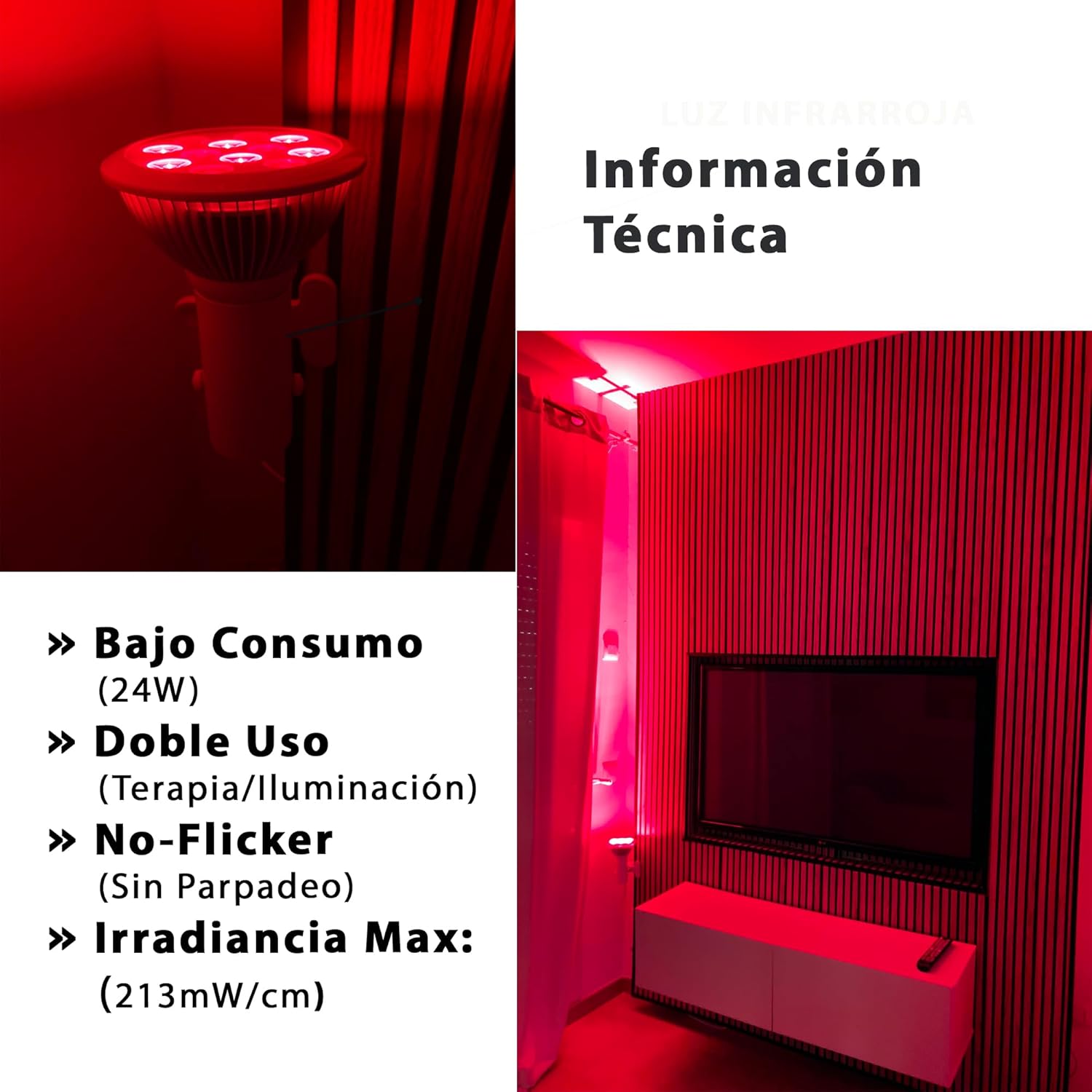 Lmpara luz roja nocturna melatonina para terapia e iluminacin (NIR 660-850nm), sincroniza tus ritmos circadianos - Bombilla luz roja para dormir - Red Light Therapy Panel