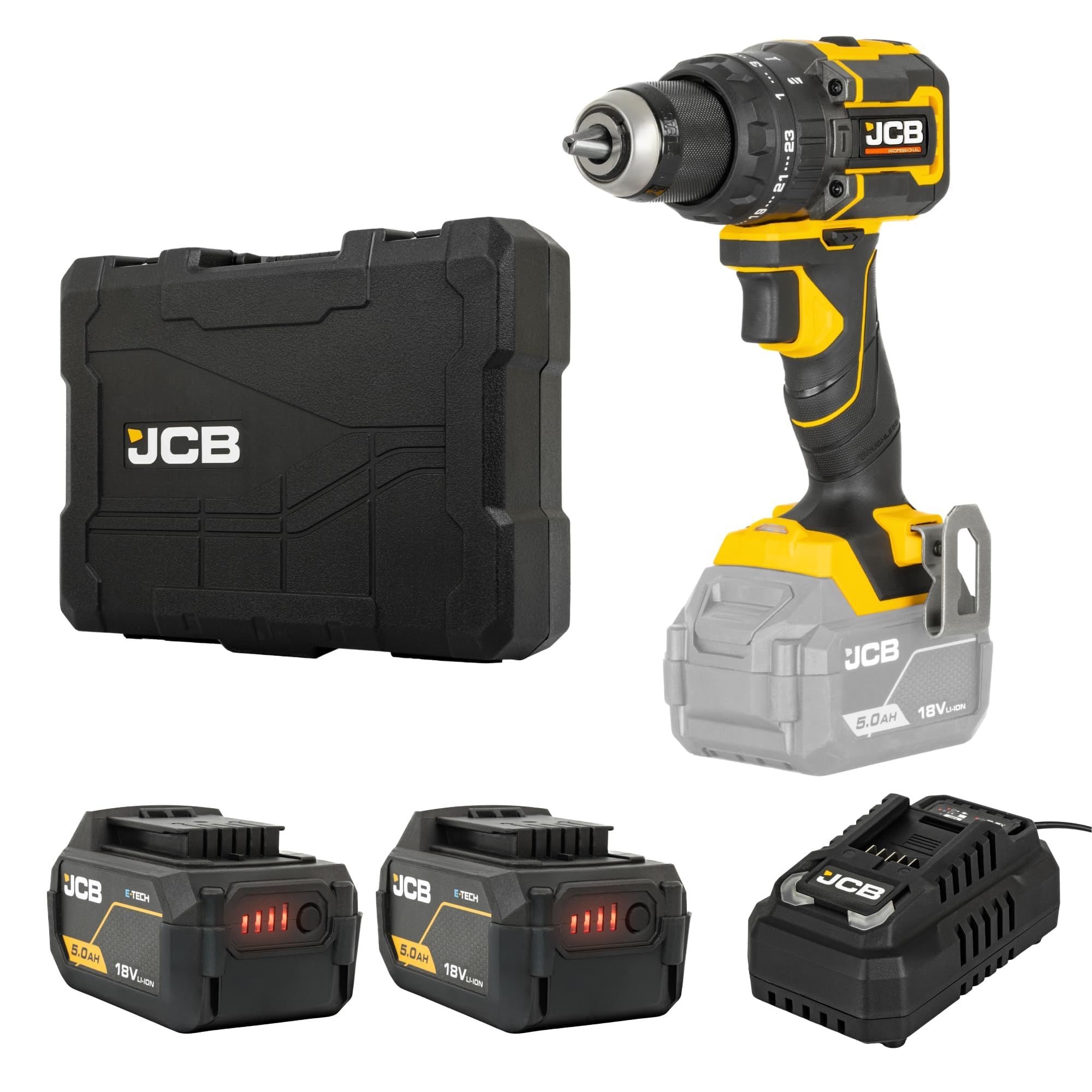 B&Q -  Pro Cordless Combi Drill Set 2 5Ah Batteries & Charger Electric Screwdriver 18V 75Nm2 Speed23+3 Positions & 13mm Keyless