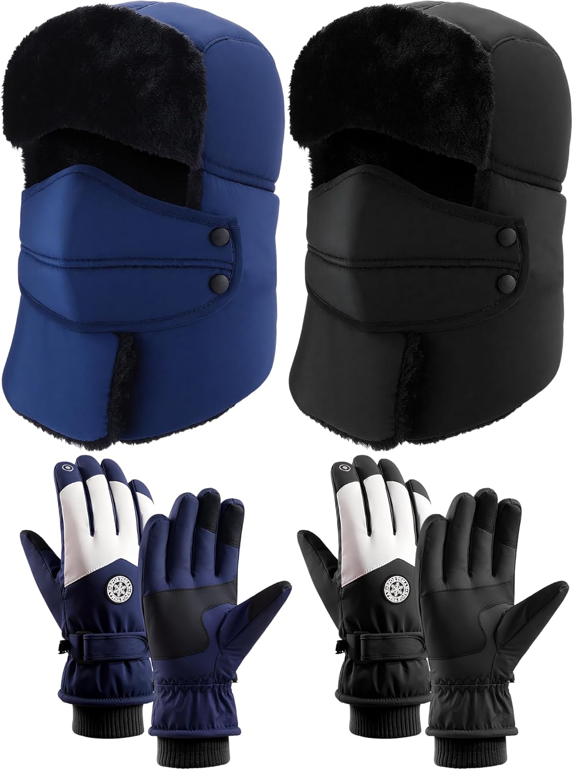 2 Set Winter Trapper Hat with Warm Ear Flap Chin Strap Windproof Mask Ski Gloves for Women Men Cold Weather Outdoor