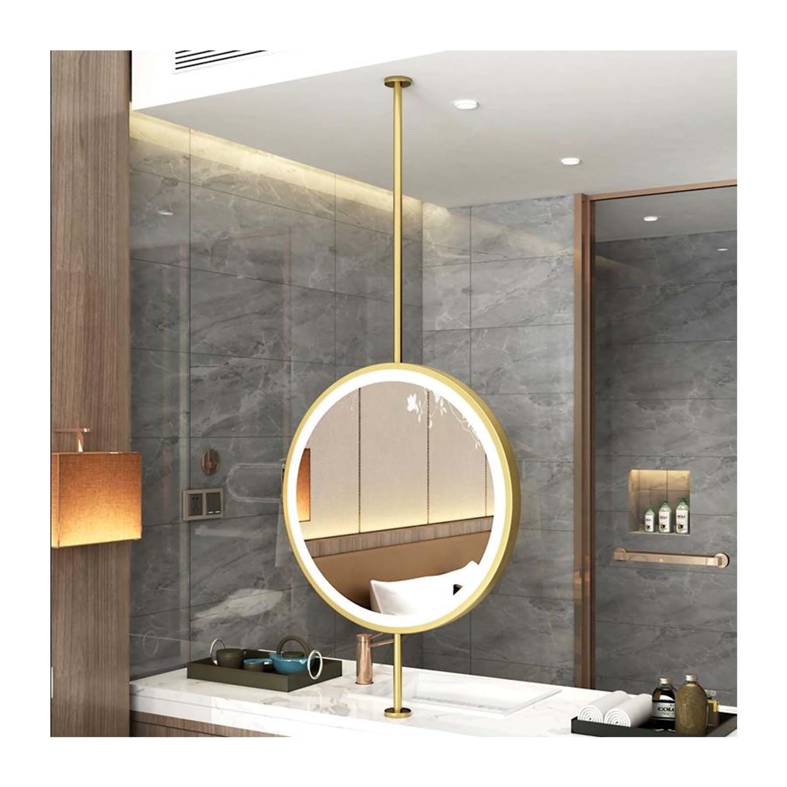 Miroir plafond LED rond doré 80x80 cm haut de gamme pour vasque