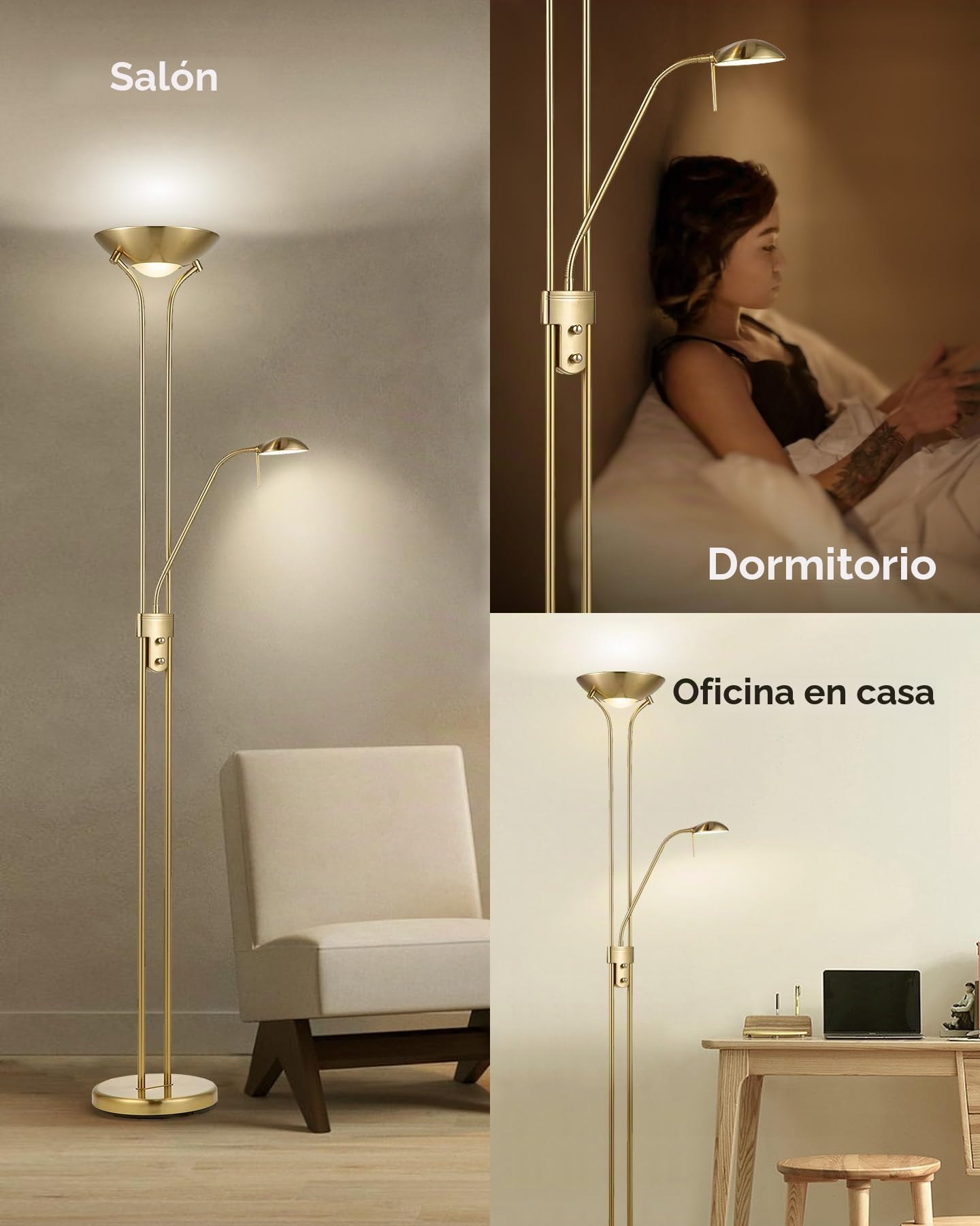 Home Sweet Home Lámpara de pie clásica - 50 x 50 x 180cm - Regulable con luz principal R7s - Con luz de lectura G9 - Bronce dorado - Uso para dormitorios y salones