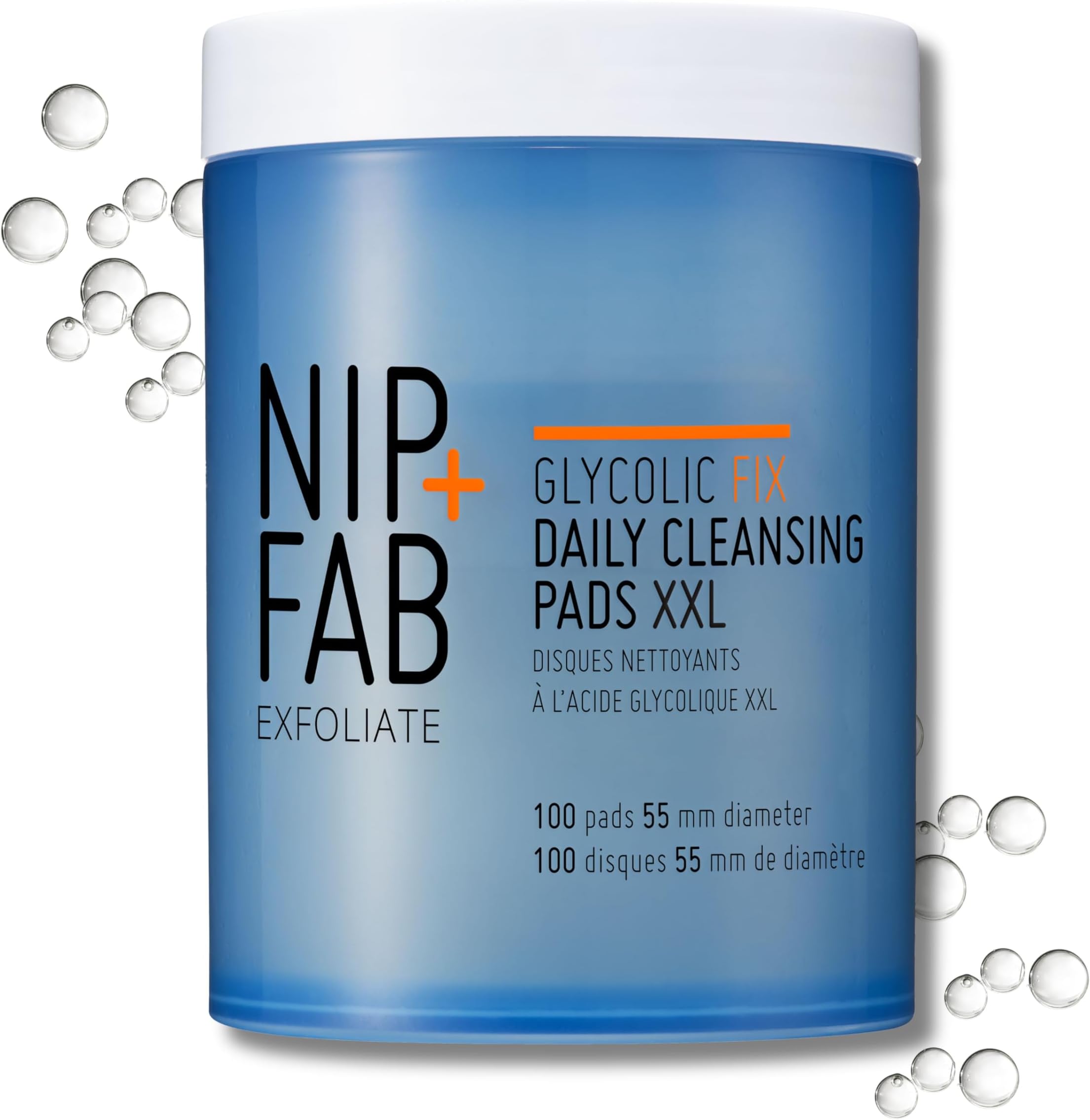 Nip + Fab Glycolic Fix Daily Cleansing Pads XXL – 3% Glycolic Acid AHA Exfoliating Facial Wipes with Hyaluronic Acid for Resurfacing, Brightening & Smoothing, 100 Pads
