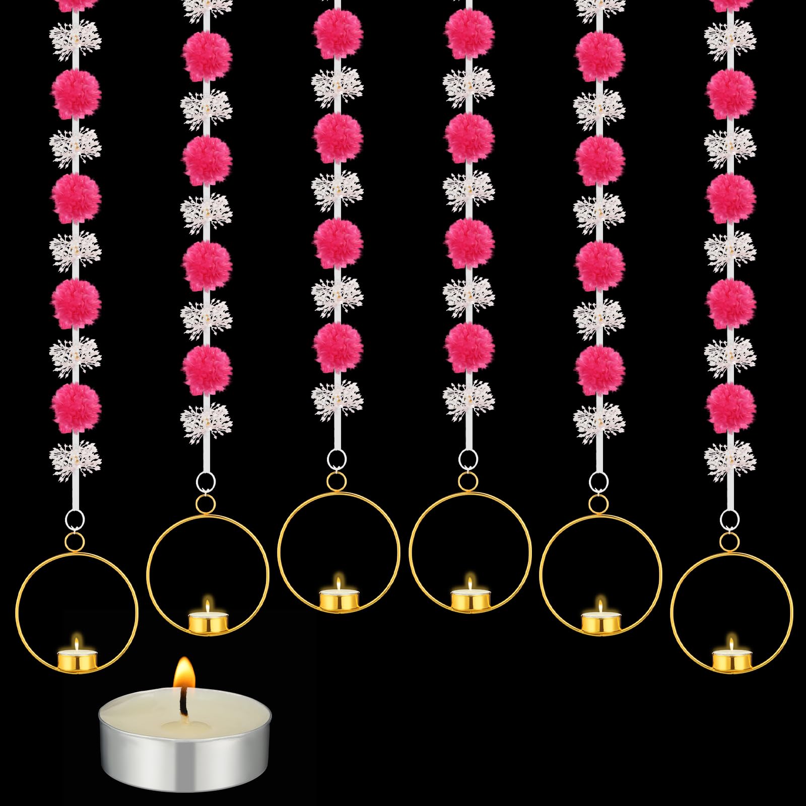Guirlande de souci artificielle Diwali avec 6 bougeoirs suspendus et bougies pour pooja Gejoy