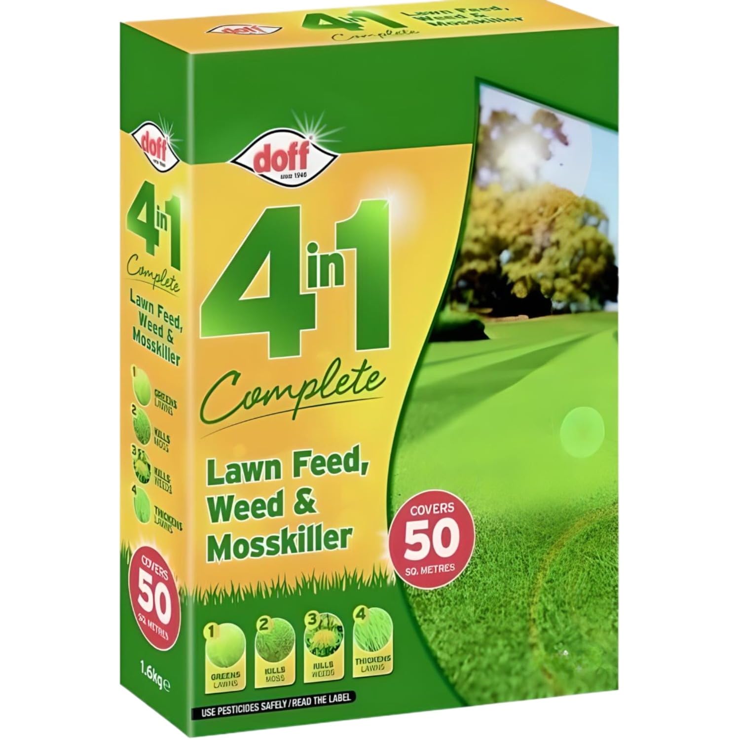 AMK® Doff 4 In 1 Complete Lawn Feed Weed Mosskiller 1.75kg Granules Treatment Care Kills Weeds Moss for Greener Thicker Grass Spreader Required Covers 50m2 Garden Fertiliser Moss Control Pack