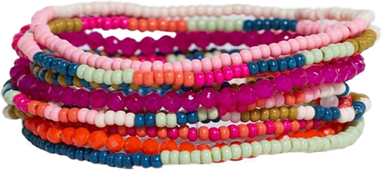 INK + ALLOY 10-Strand Stacking Beaded Bracelets for Women – Mixed Patterns Bracelet Stack - Adjustable Stretch Fit - Handmade Boho Bracelets for Women - Perfect for Any Occasion