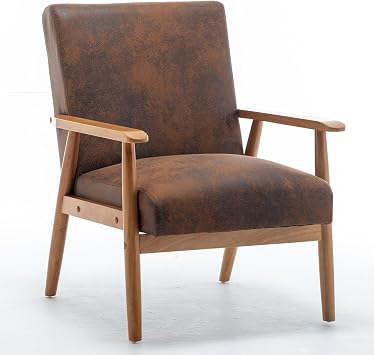Mid Century Modern Chair, Brown Leather Accent Chair Light Brown | with Solid Wood Frame, Single Accent Armchair for Living Room, Bedroom, Office Faux Leather