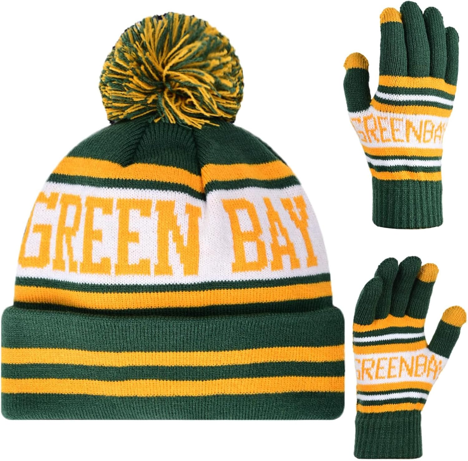 Classic Skull Cap Beanie Hat with Faux Fur Pom Cuffed Winter Hat Knit Comes with Warm Touch Screen Gloves Gifts