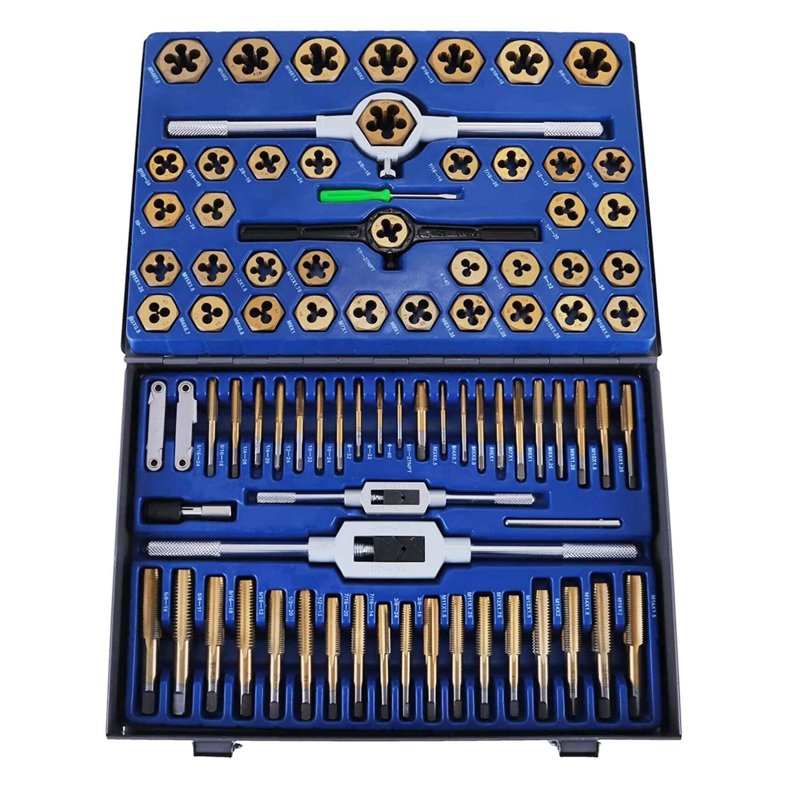 Tap and Die Set 60PCS 86PCS 110PCS Tungsten/Carbon Steel Hand Threading Tool W/Wrench Screwdriver for Repairing Cutting(86PCS)