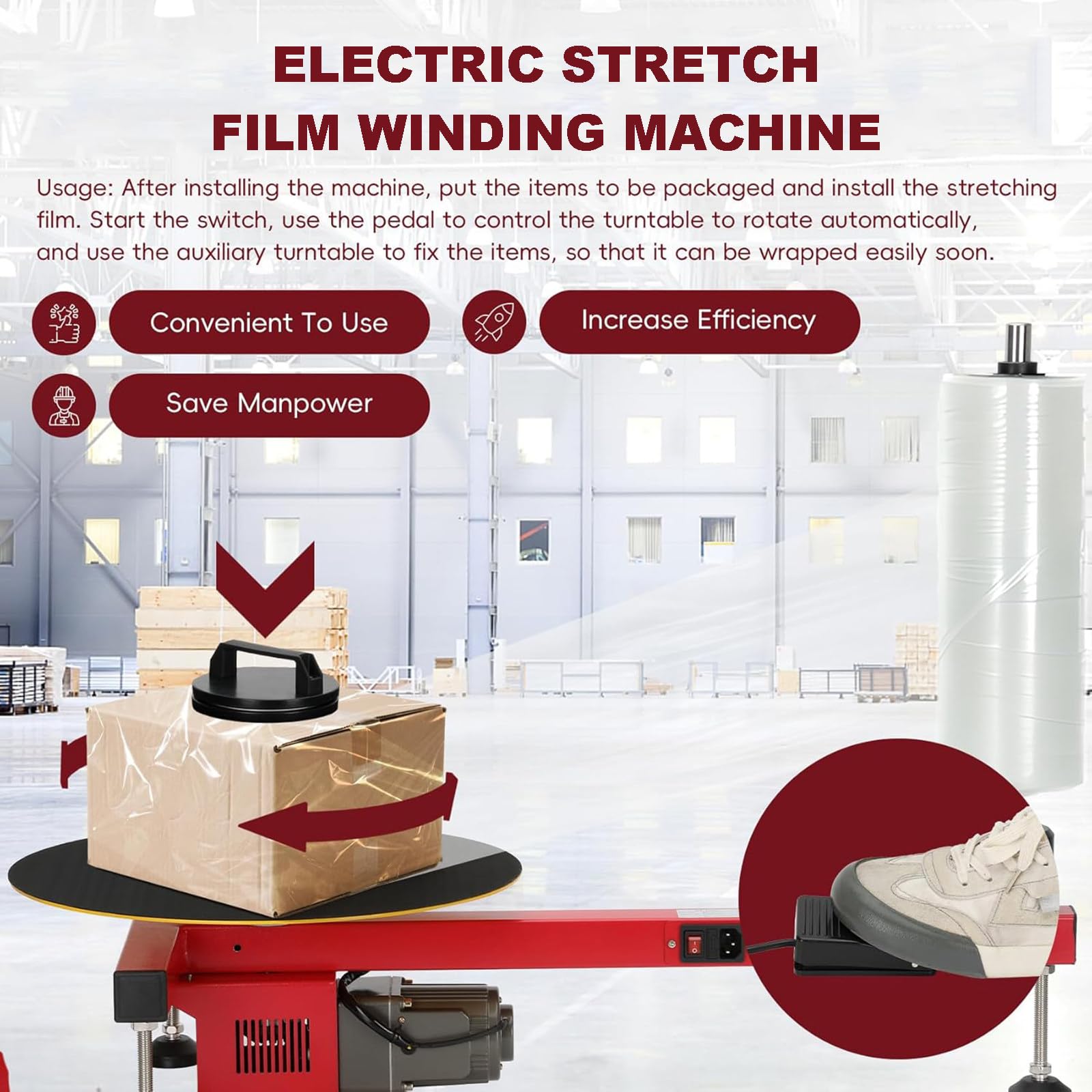 Machine d'emballage électrique à film plat, distributeur film étirable, machine d'emballage, distributeurs électriques table pour film étirable sur palettes, diamètre plateau tournant : 40 cm