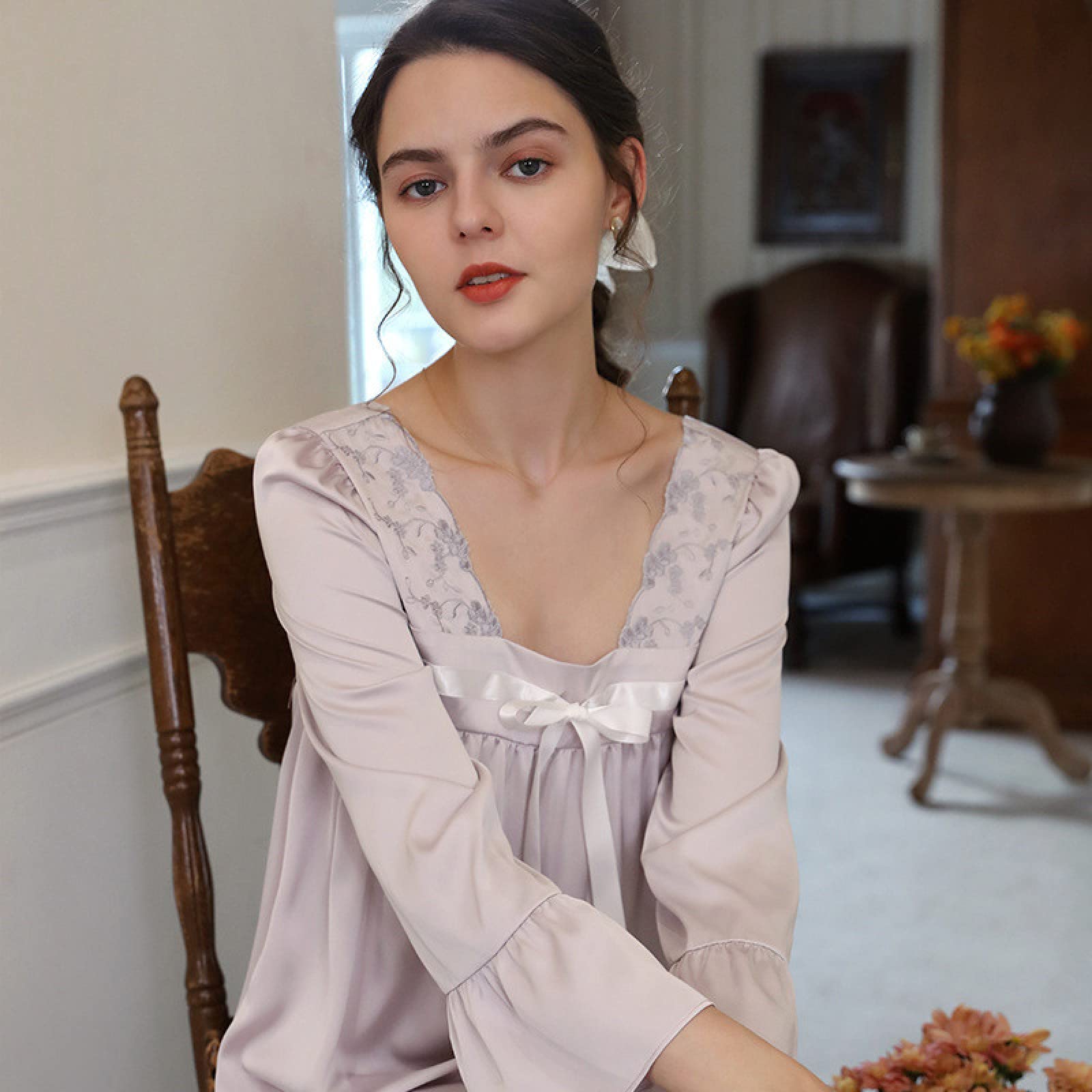 OFFSUM Camicia da Notte Donna - Camicia da Notte in Raso con Colletto Quadrato Primavera Estate Elegante Abito da Dolce Bowknot Abbigliamento da Notte in Tinta Unita in Stile Cinese