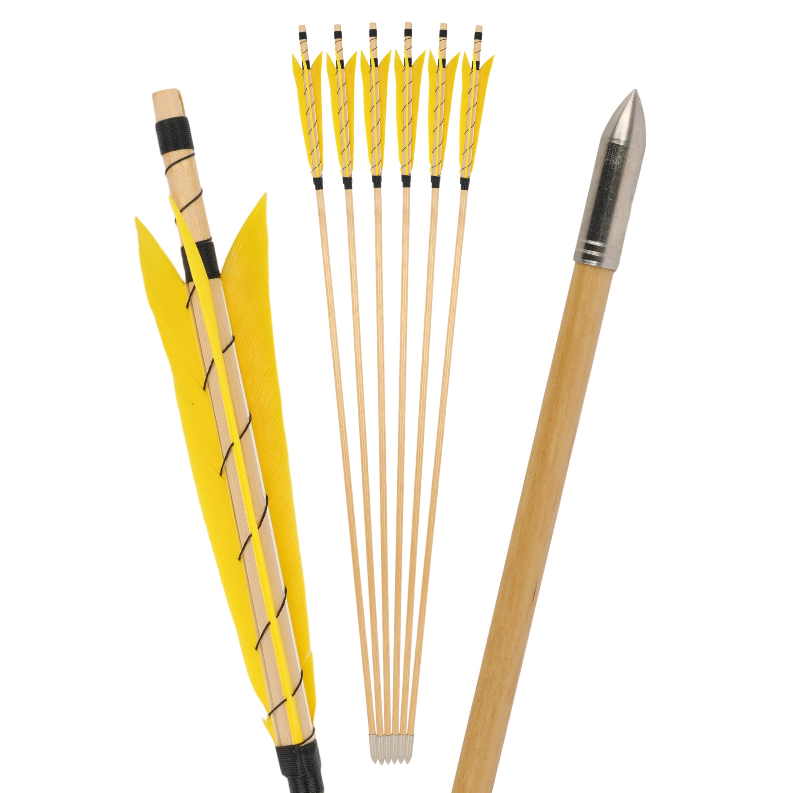 surwolf 31" Archery Wooden arrows Traditional Handmade with 6" Turkey feather Sleeve points OD8.5mm Wooden shaft Hunting Practice Targeting for Long/Recurvebow Horsebow 12pcs (yellow, 6pcs)
