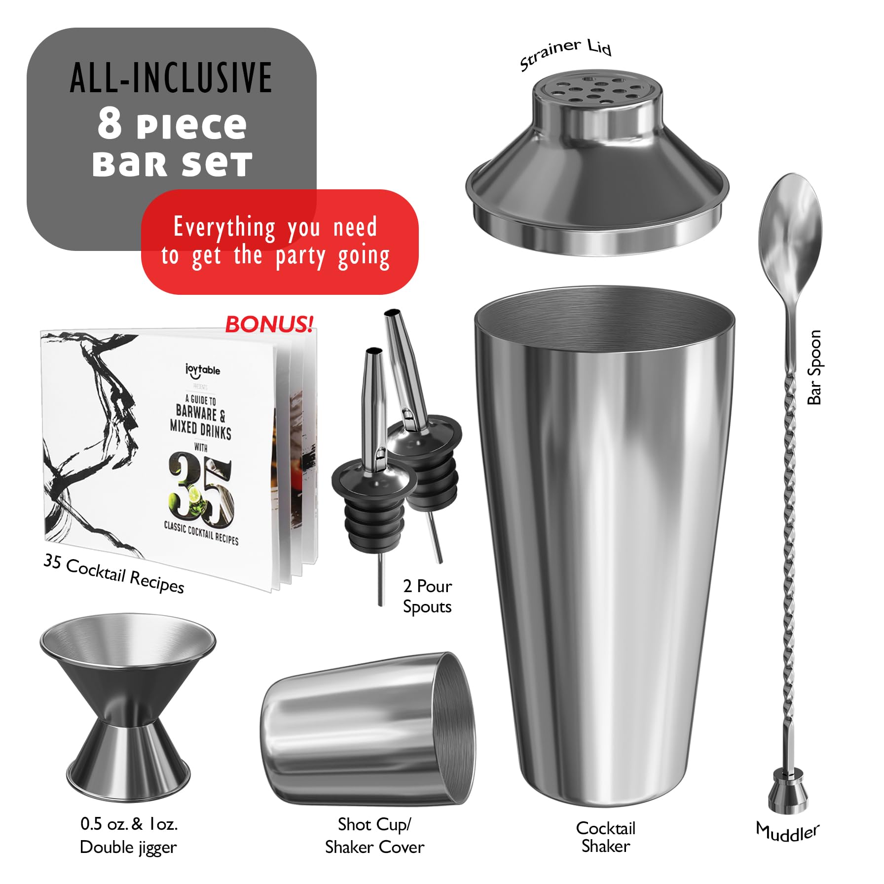 Juego de coctelera de bar, juego de coctelera, juego de 8 piezas de cóctel plateado, kit de barman mixología, coctelera de acero, accesorios de barra: coctelera de Martini de 24 onzas, mortero, libro