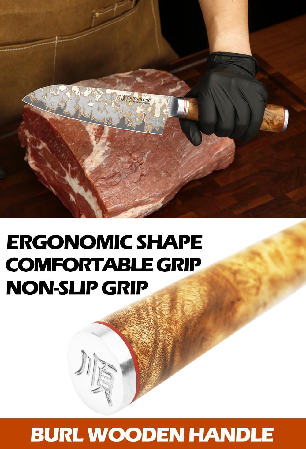 YOUSUNLONG Bunka Chef's Knives - Japanese Handmade CuMai Copper Damascus Steel Blade of 7 Inch - Professional Kitchen Knife Razor Sharp - Naturel Burl Wooden Handle with Leather and Wood Box