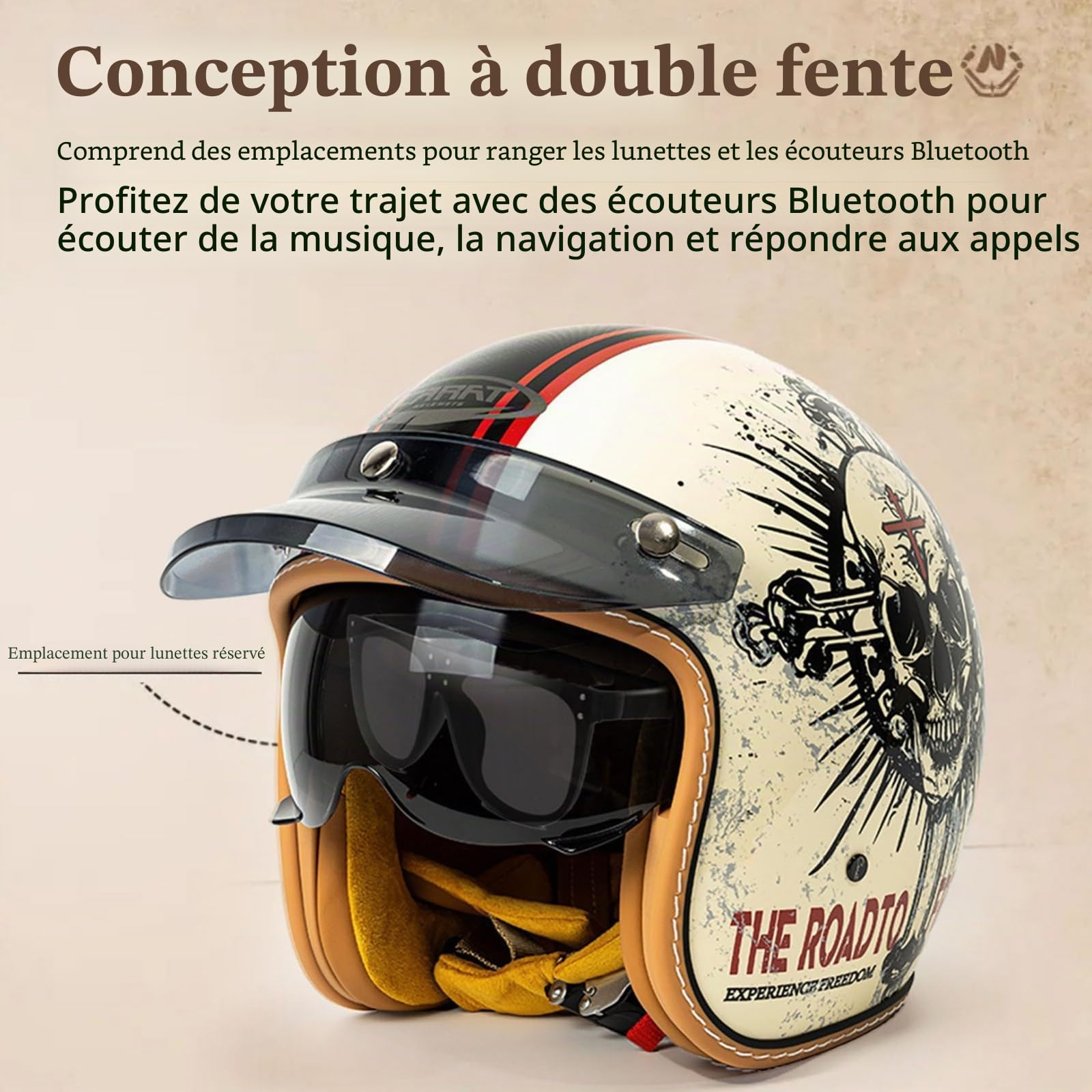 Demi Casque de Moto Vintage, Casque Ouvert Hommes Femmes, Casque de Moto Rétro Demi-Jet avec Visière Solaire, Adultes Casque Scooter Cruiser Cyclomoteur, Homologué ECE/Dot 54-63cm