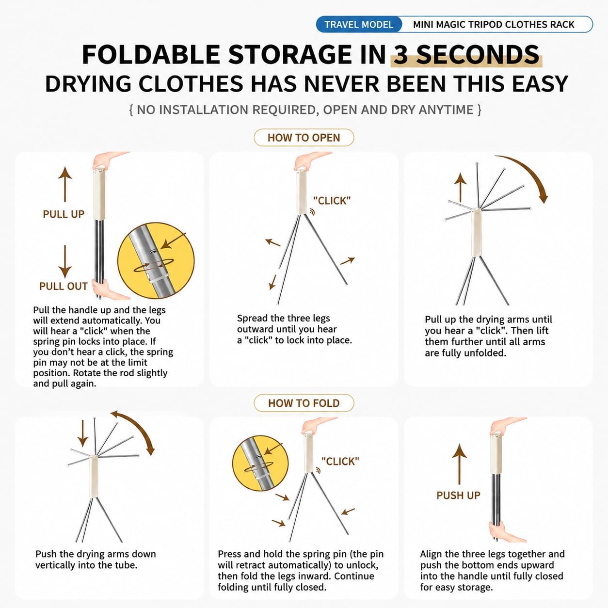 Tripod Clothes Drying Rack, Collapsible Standing Laundry Drying Rack, Portable Foldable Clothing Hanger Rack, Space Saving for Bedroom Balcony Household RV (Tripod)