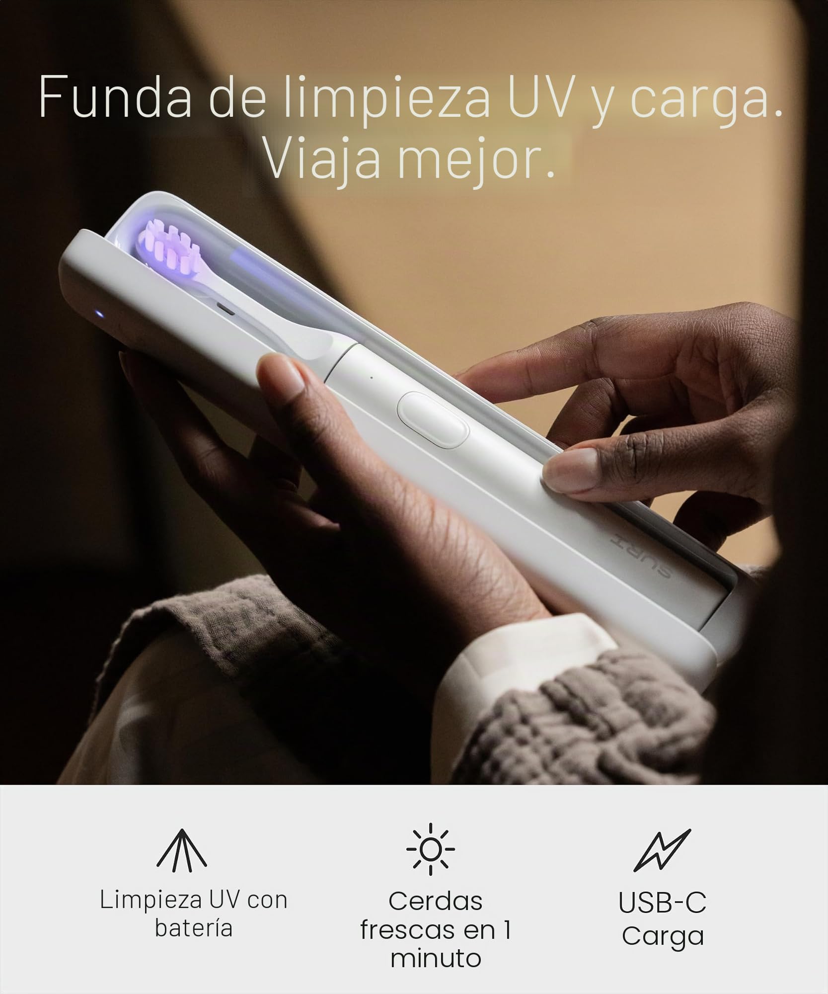 SURI Cepillo de dientes eléctrico sónico 2.0 | Sensor de presión y estuche de viaje de limpieza UV | 1 mes + batería | Diseñado en Londres | Cepillo de dientes eléctrico para adultos | Cepillos de