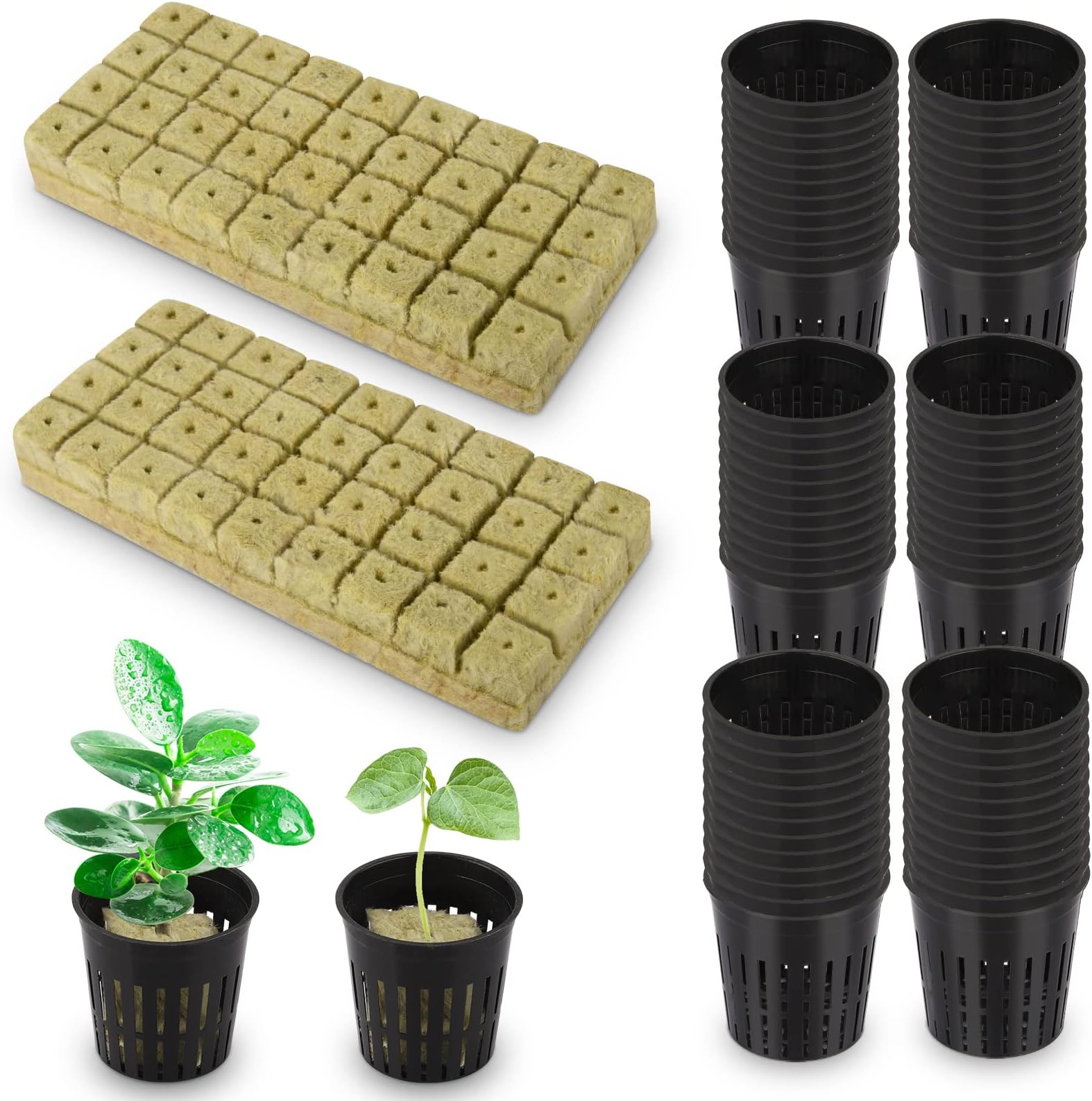 Reeooue 72 Sets Rockwool Cubes and Net Pots, 1.2 * 1.2 * 1.5 inch Rock Wool 72 Plugs & 72-Pack 2inch Net Cups for Hydroponics Growing Systemm, Garden Tower Supplies