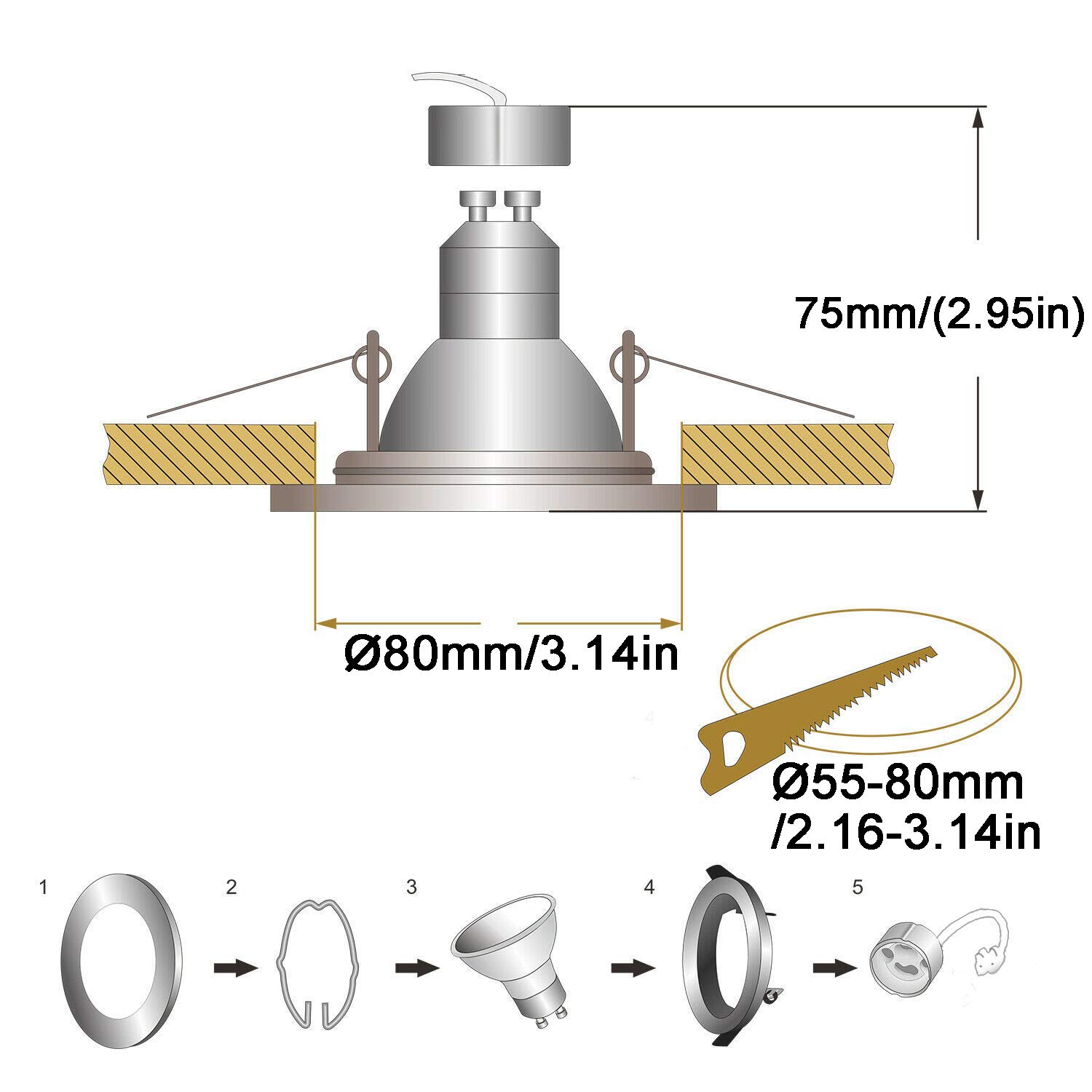 Focos Empotrables GU10 LED de Baño IP44 Impermeable Kambo 6W Equivalente a Incandescente 50W Ø55-80mm Profundidad 80mm Blanco Cálido 2800K 540LM Metal Níquel Blanca Marco Redondo AC 230V 4 Piezas