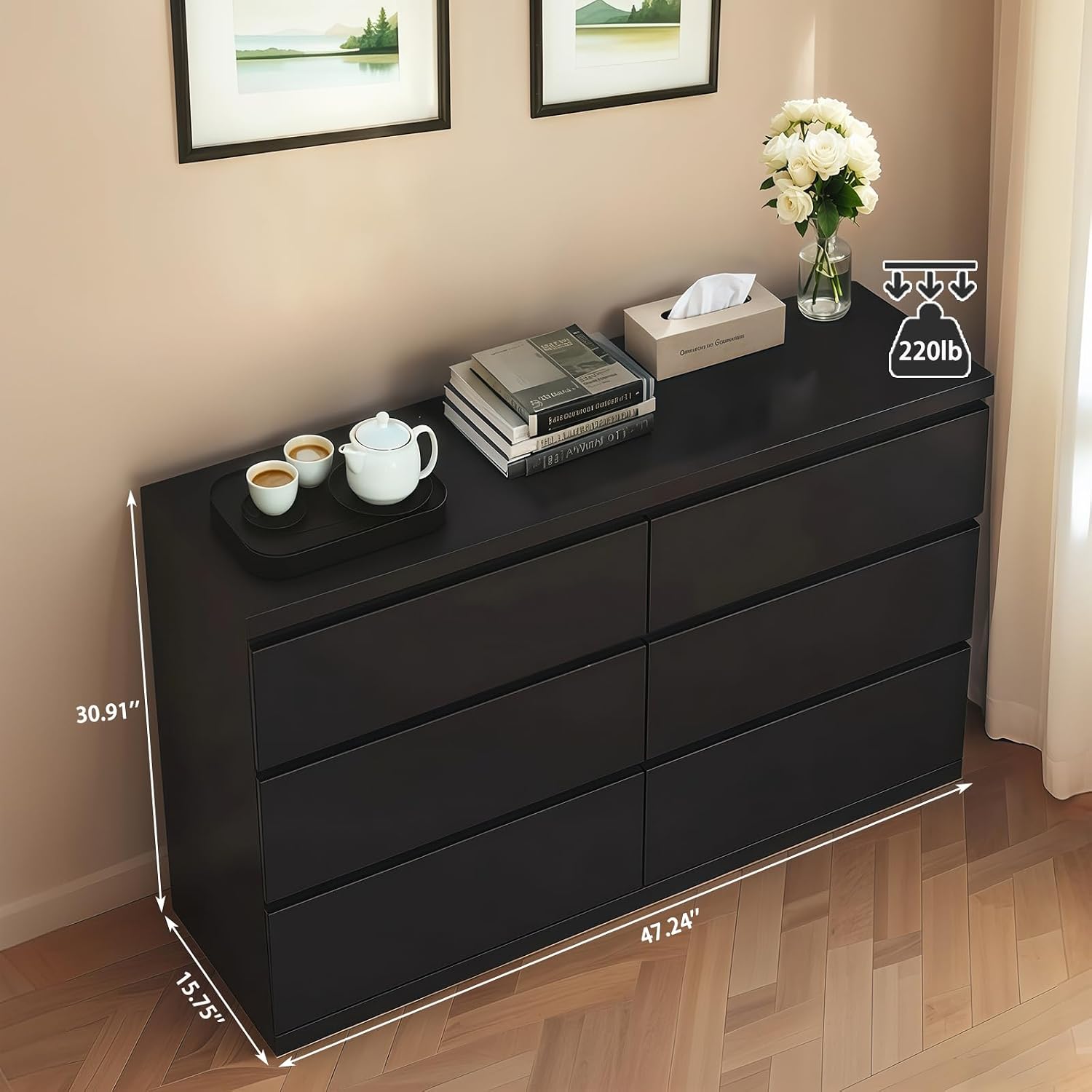 6 Drawer White Dresser, Modern Storage Cabinet with Spacious Countertop, Concealed Handles & Deep Drawers for Bedroom, Living Room, Entryway, 47.2" W x 15.7" D x 30.9" H (Black)